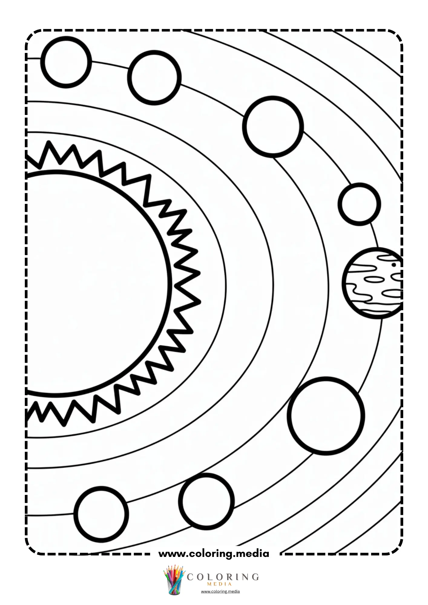 Solar system coloring page with black hole style galaxy