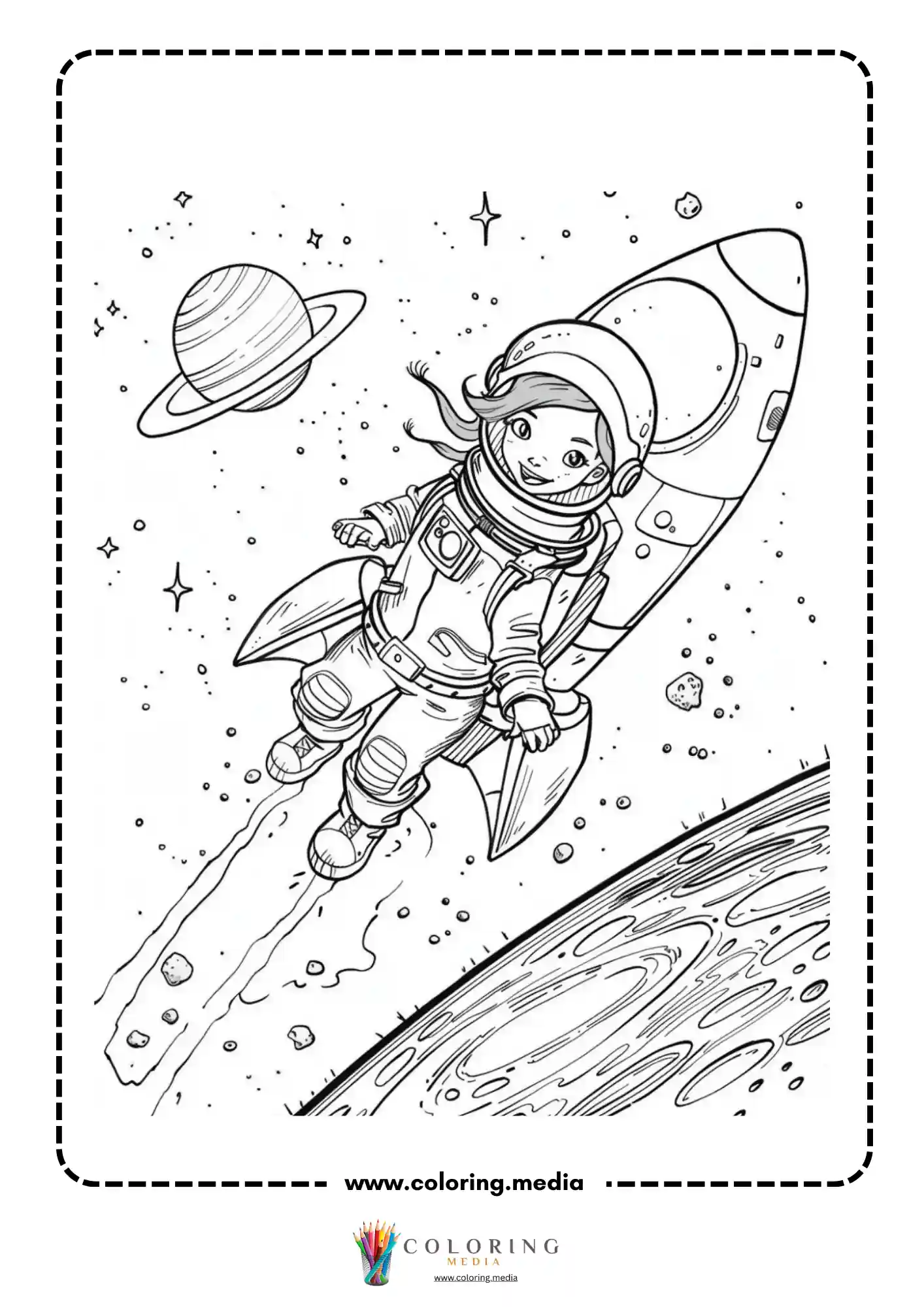 Space coloring page with planets and scattered stars