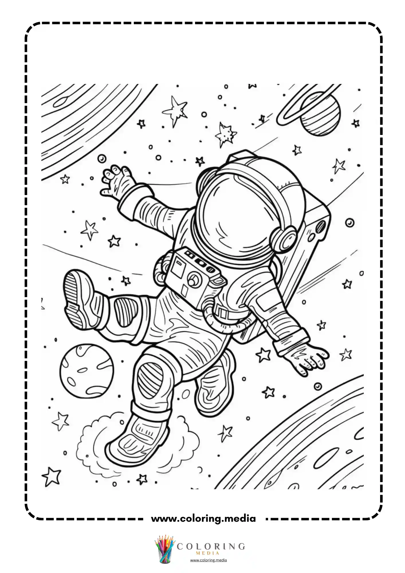 Space coloring page with astronaut helmet and galaxy scene