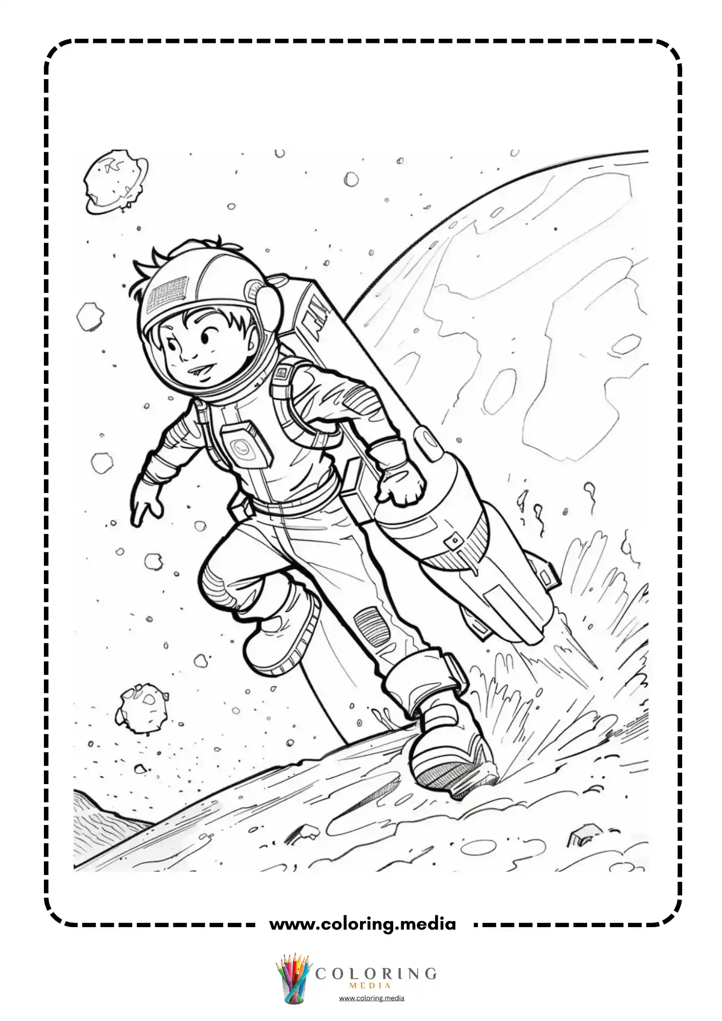 Space coloring page with astronaut running beside rocket
