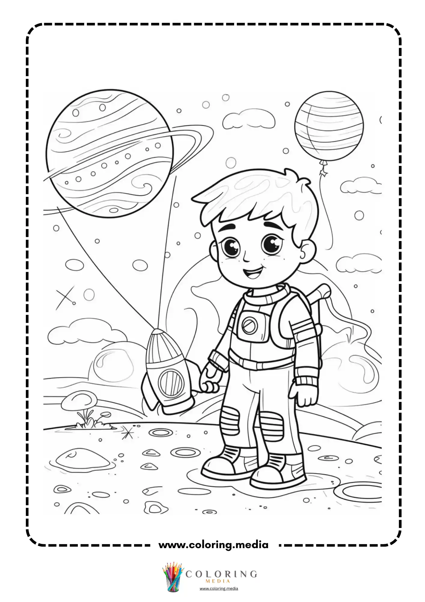 Space coloring page with comet asteroids and planets