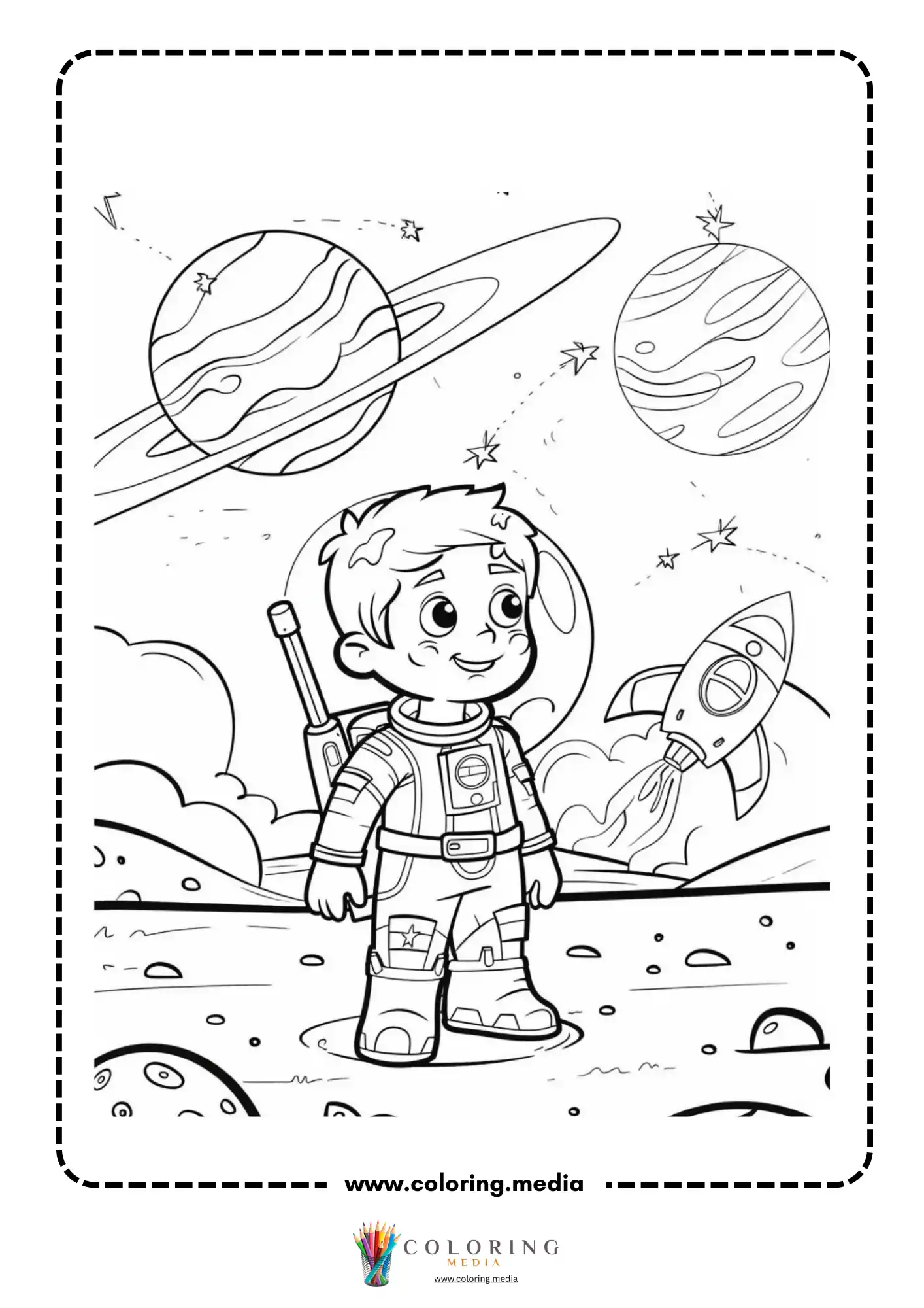 Space coloring page with space boy and rocket adventure