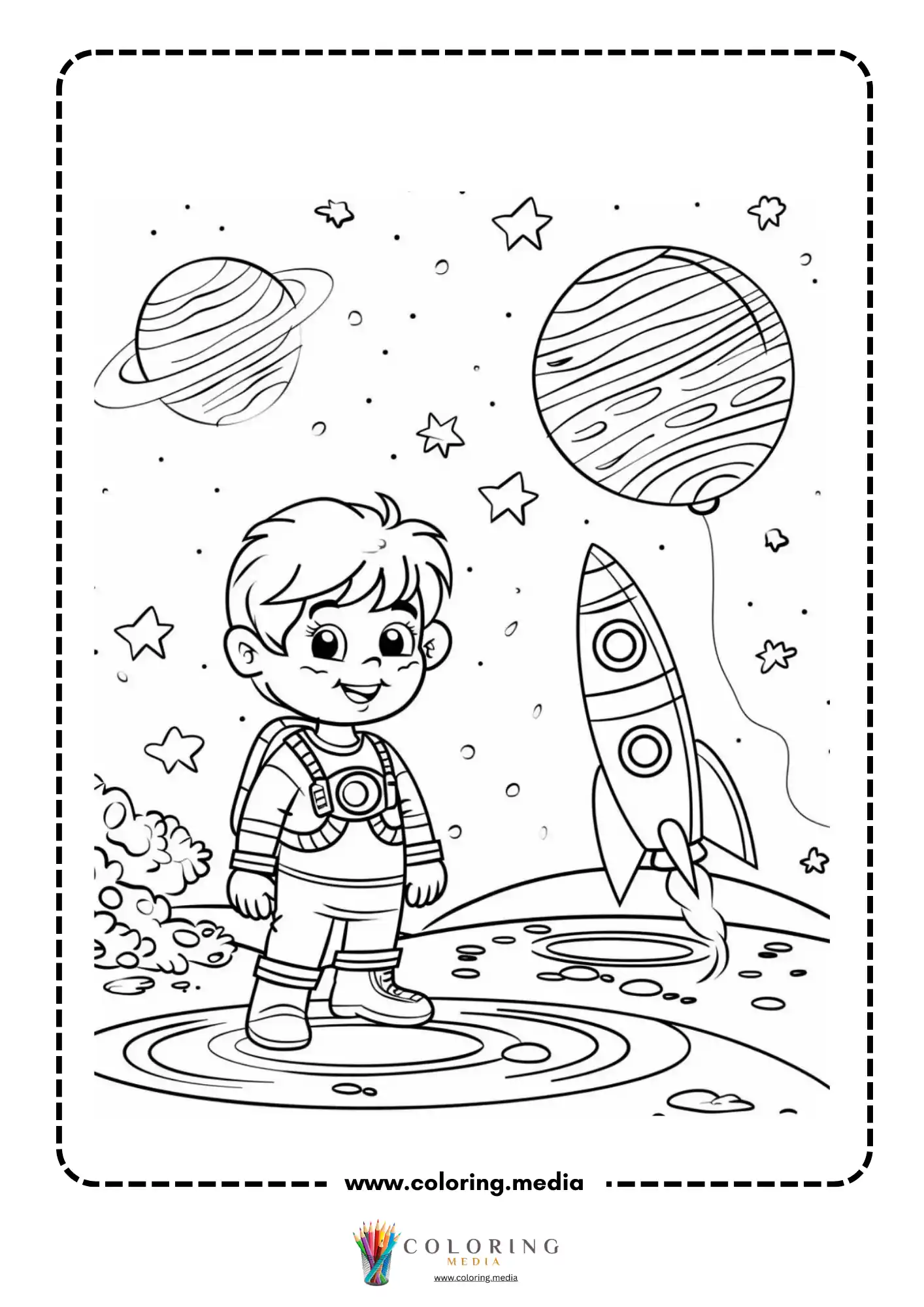 Space coloring page with ringed planet and star field