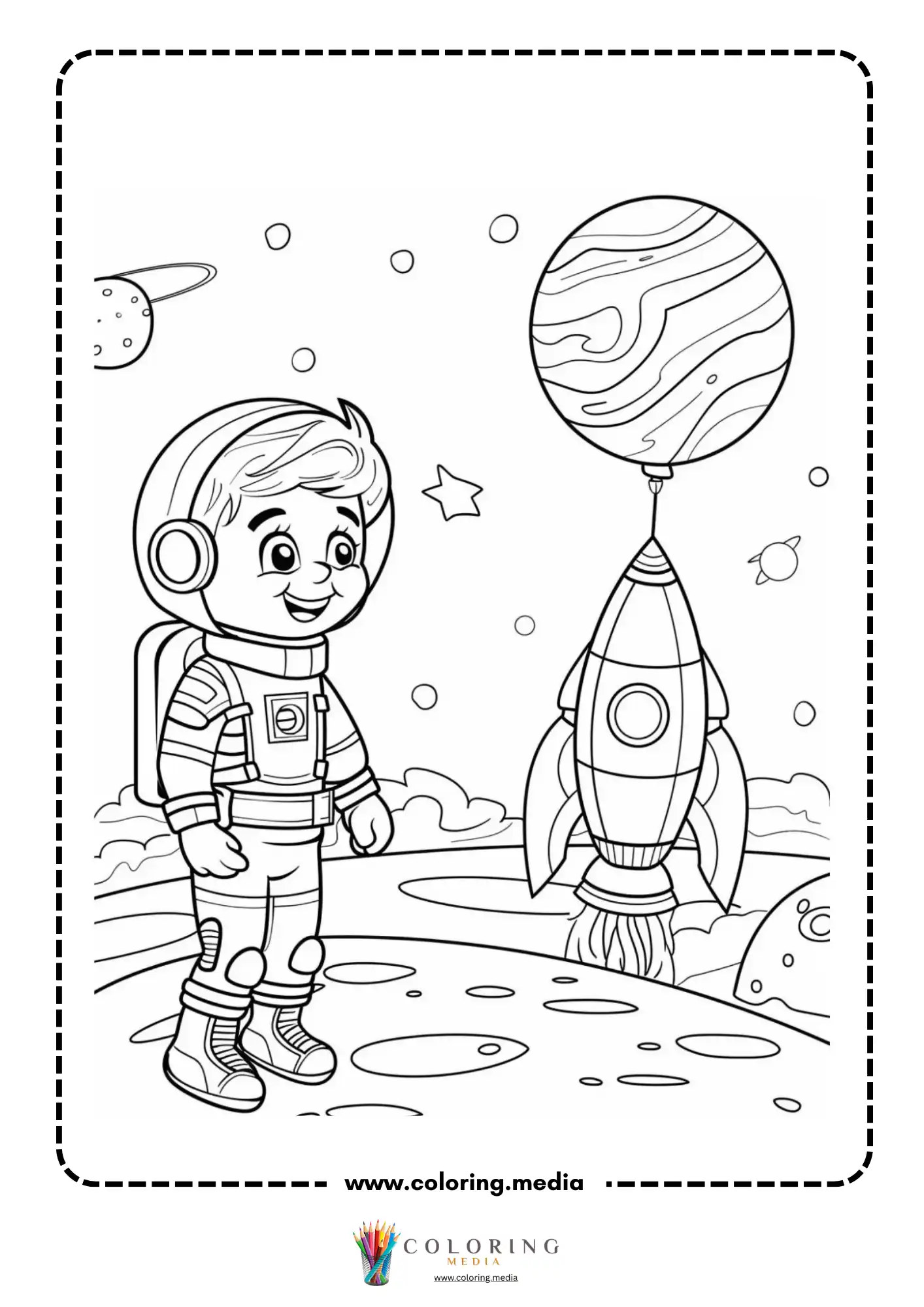 Space coloring page with astronaut waving in space