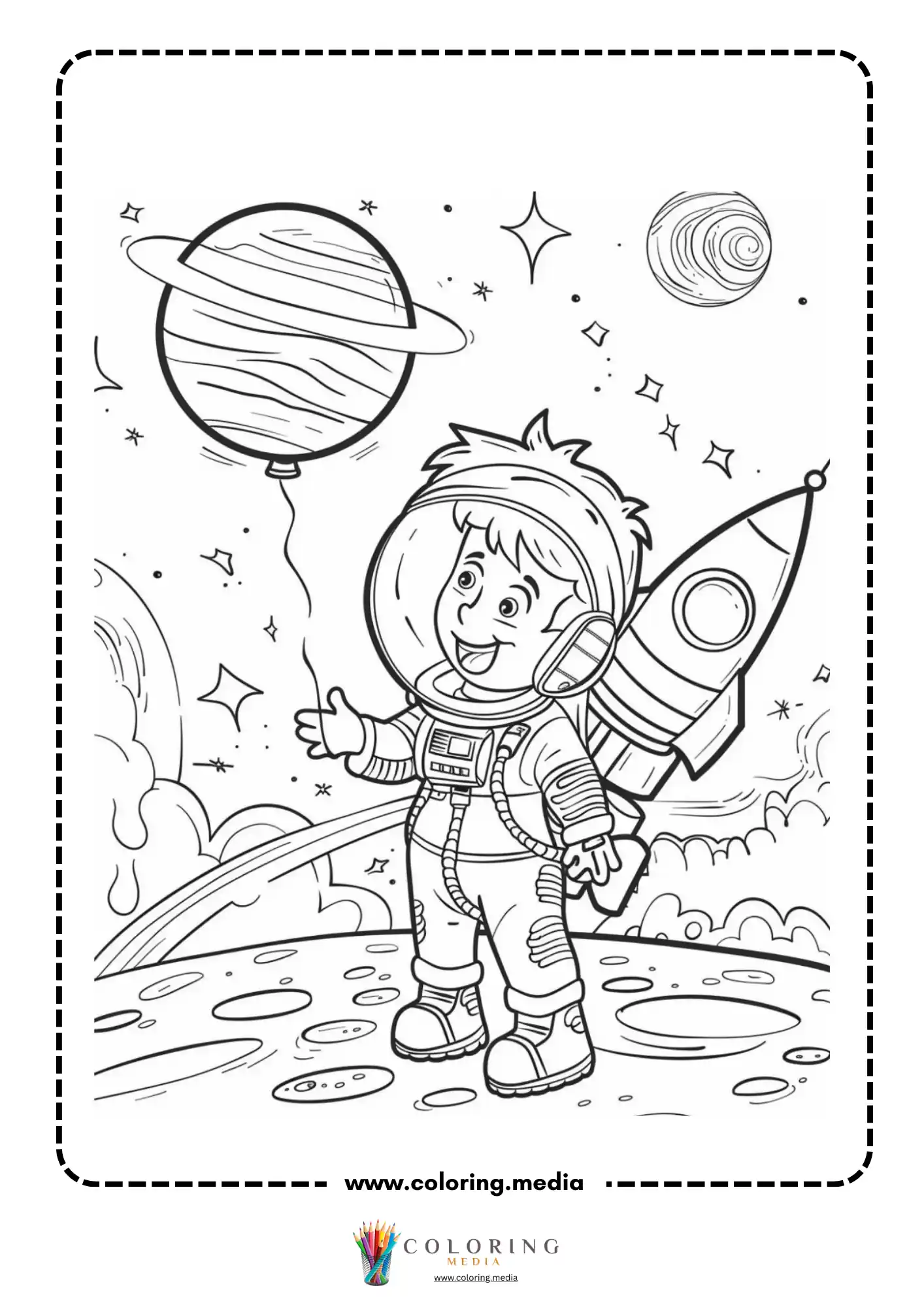 Space coloring page with rocket above moon landscape