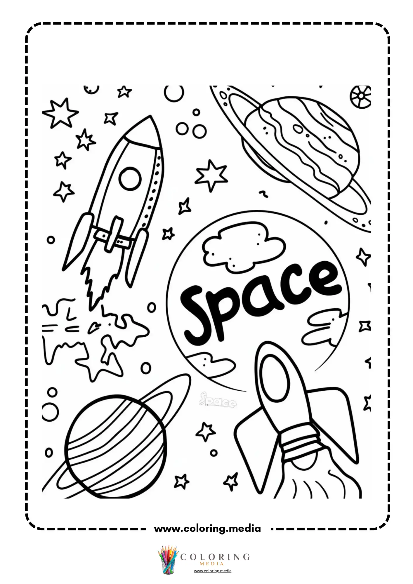Space coloring page with planets orbiting in the sky
