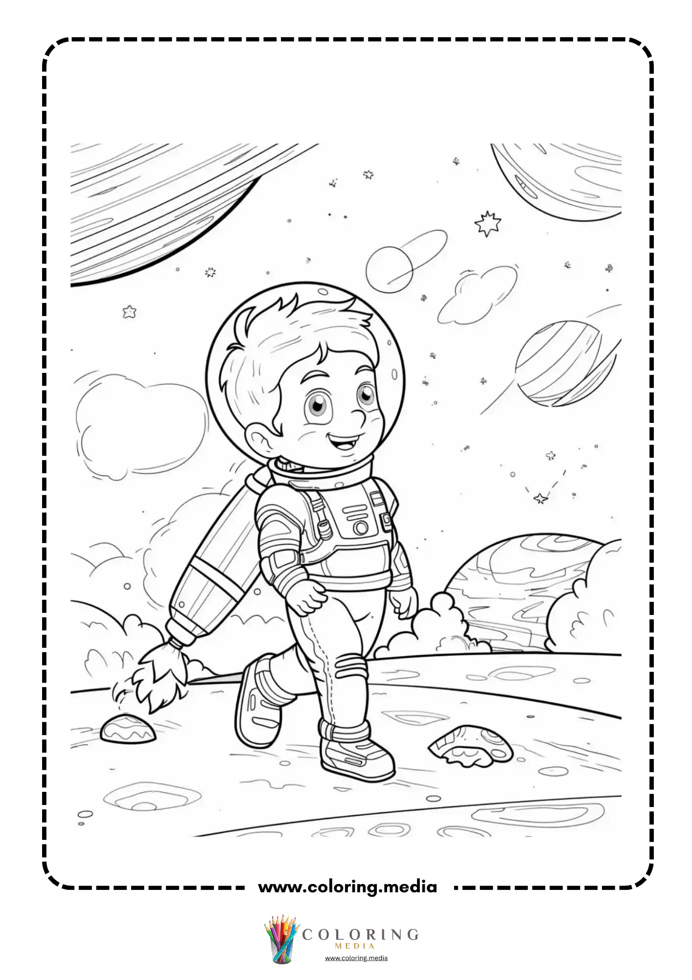 Space coloring page with child astronaut and space background