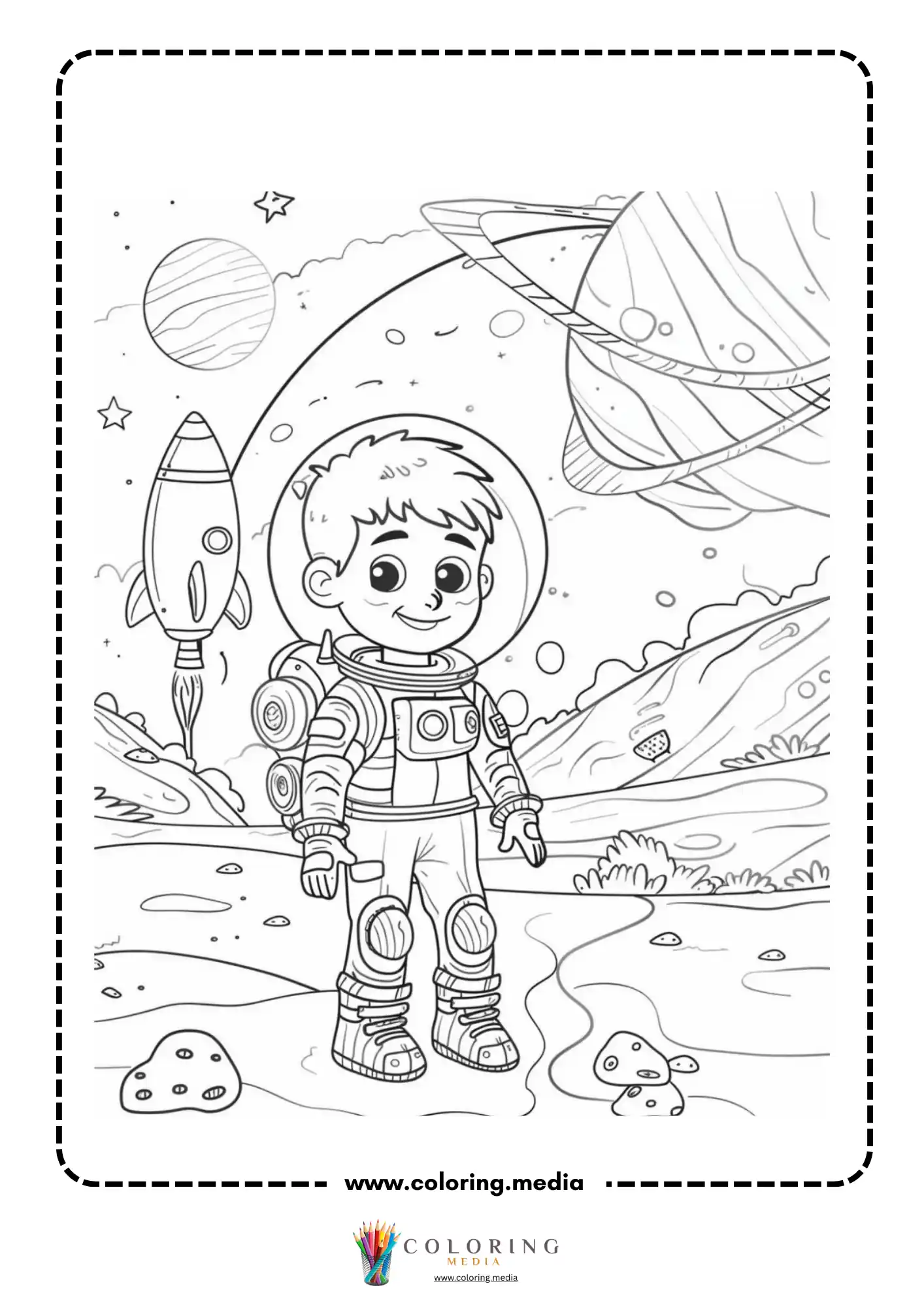 Space coloring page with flying rocket and tiny stars