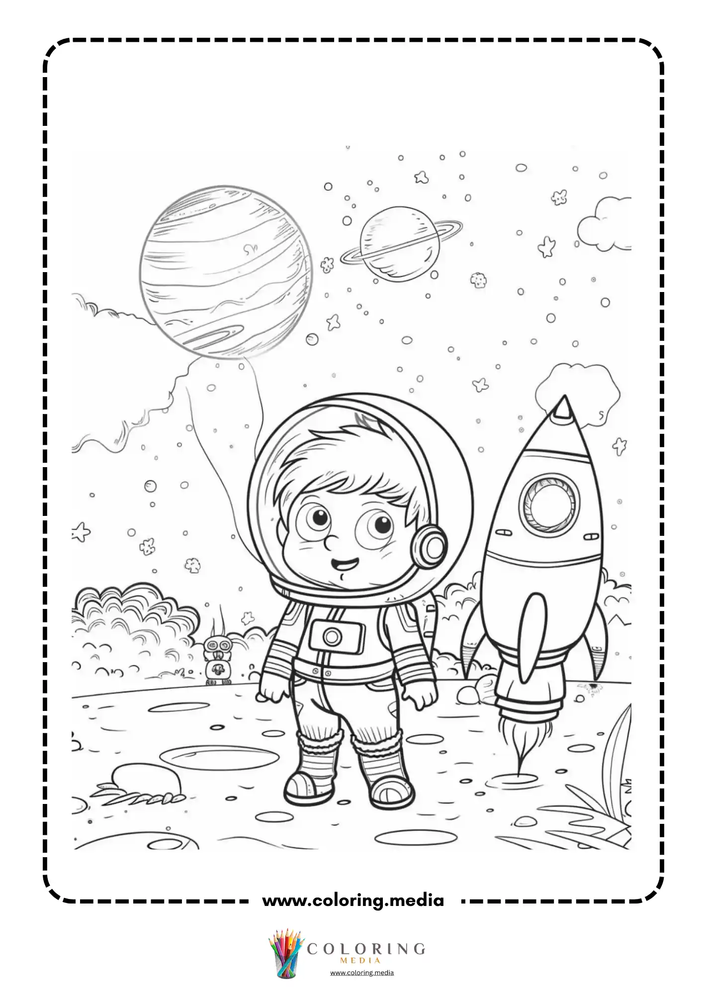 Space coloring page with alien planet and stars