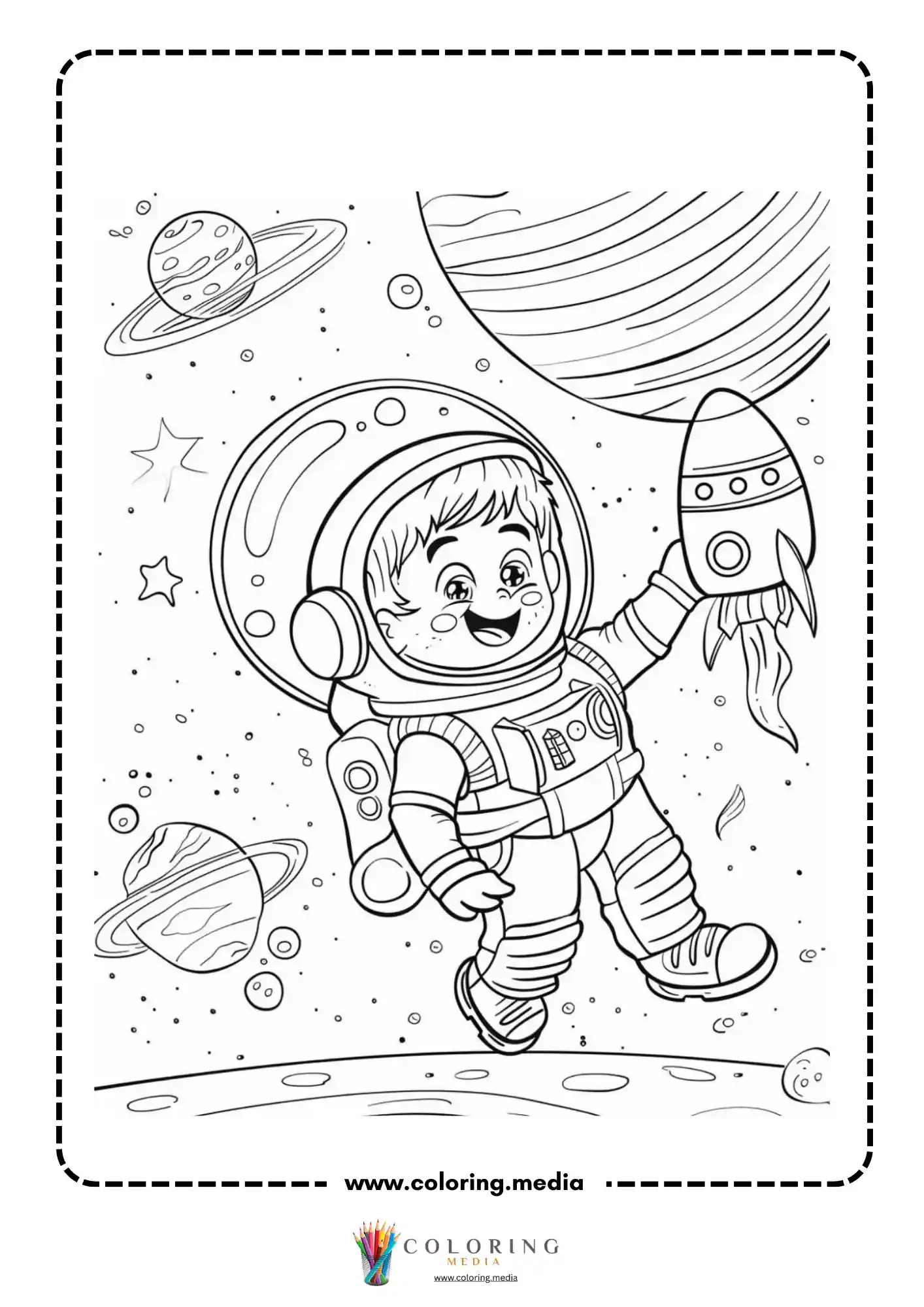 Space coloring page with spacecraft and cosmic objects