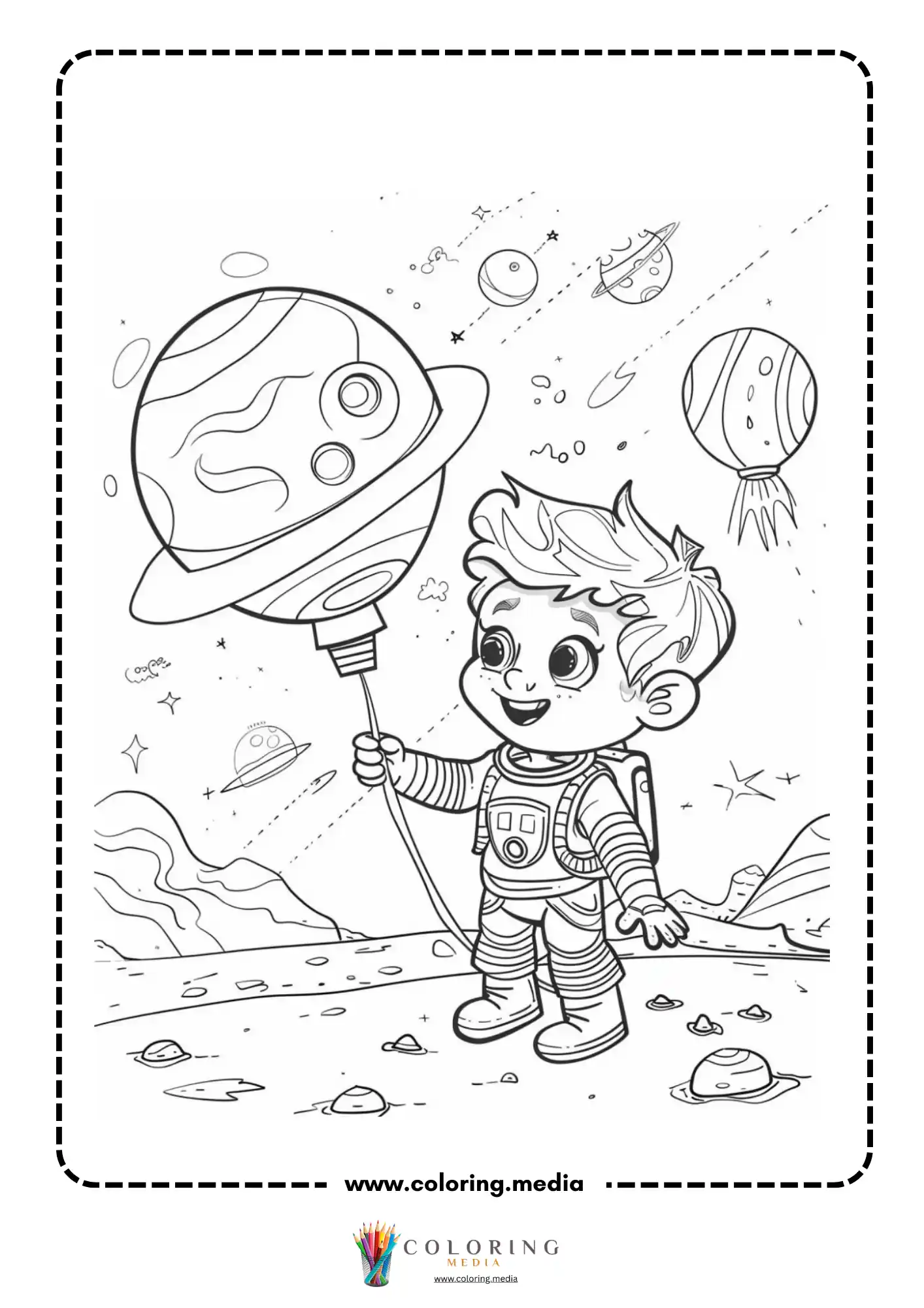 Space coloring page with astronaut on cratered ground