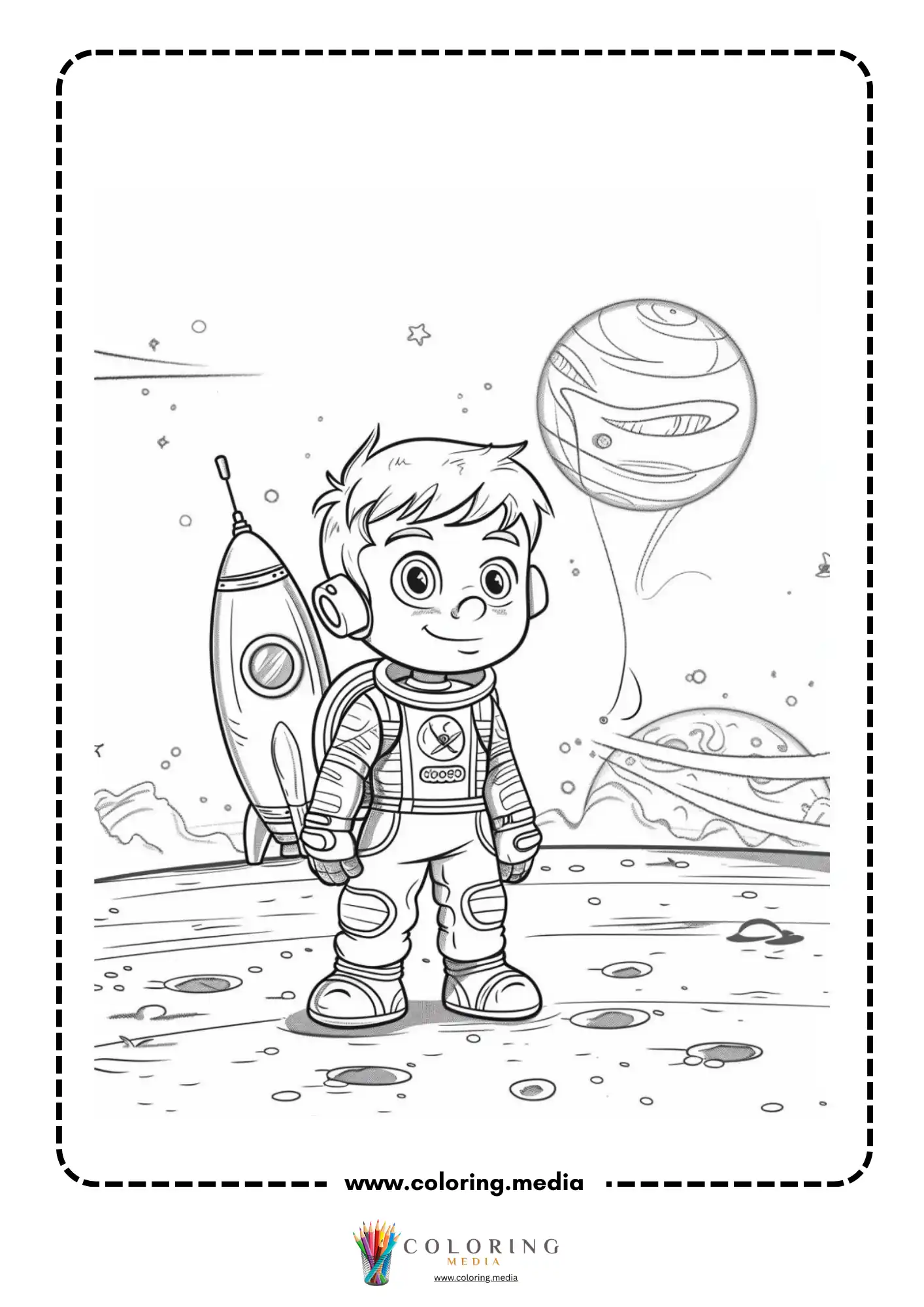 Space coloring page with boy astronaut beside rocket and planets