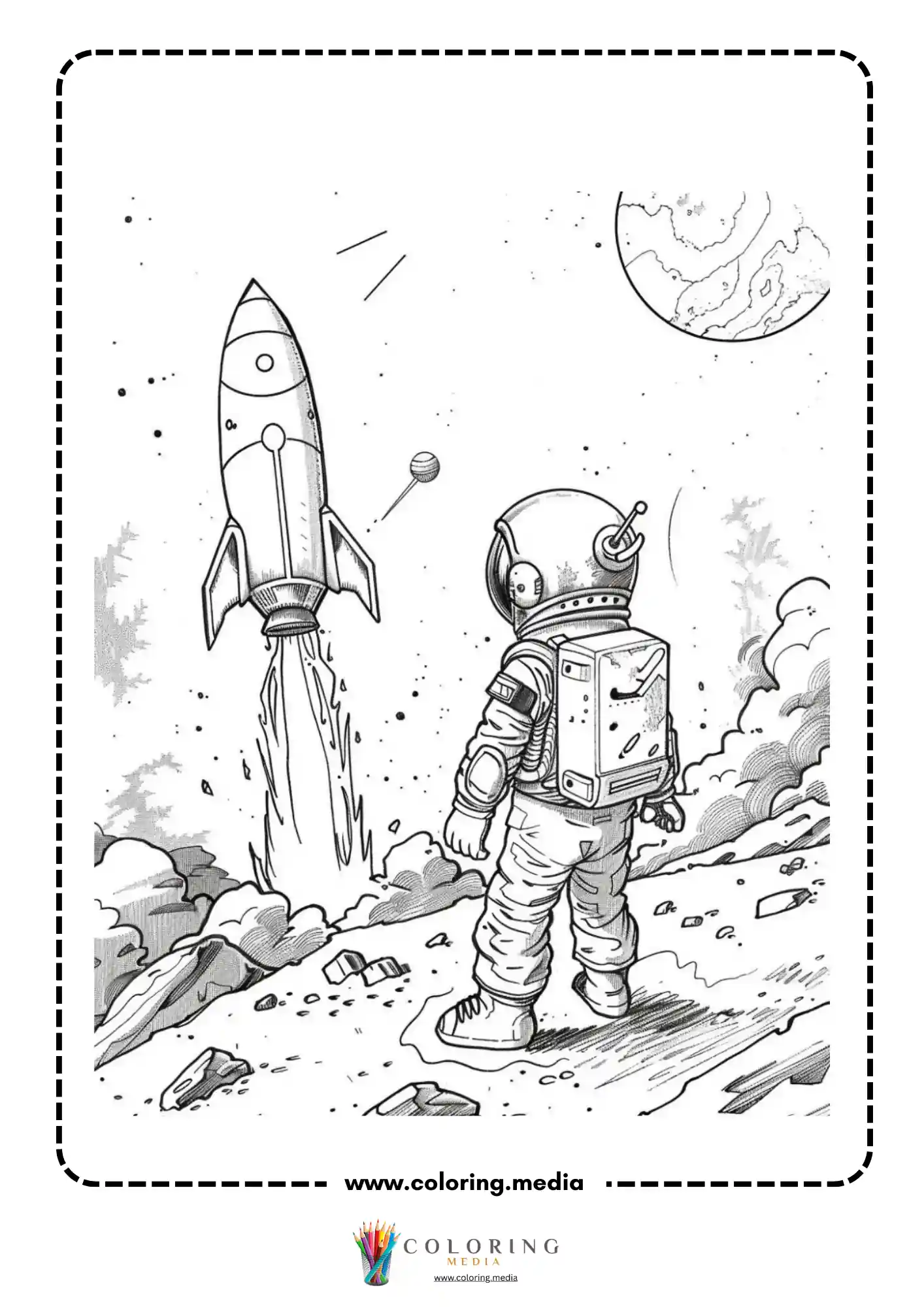 Space coloring page with rocket ship and starry sky