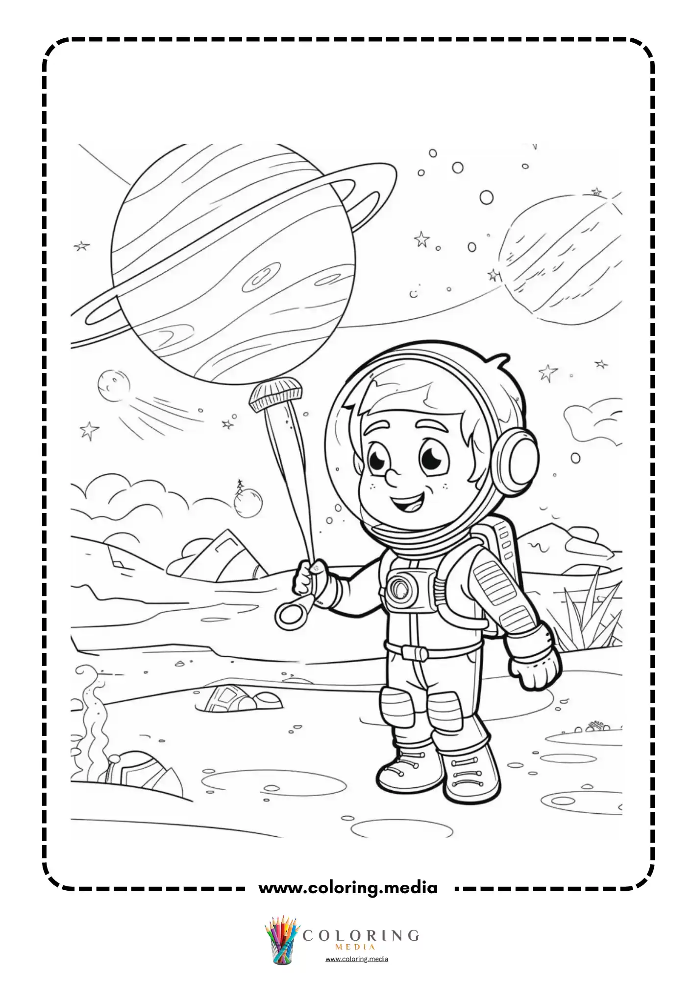 Space coloring page with planets moons and space clouds
