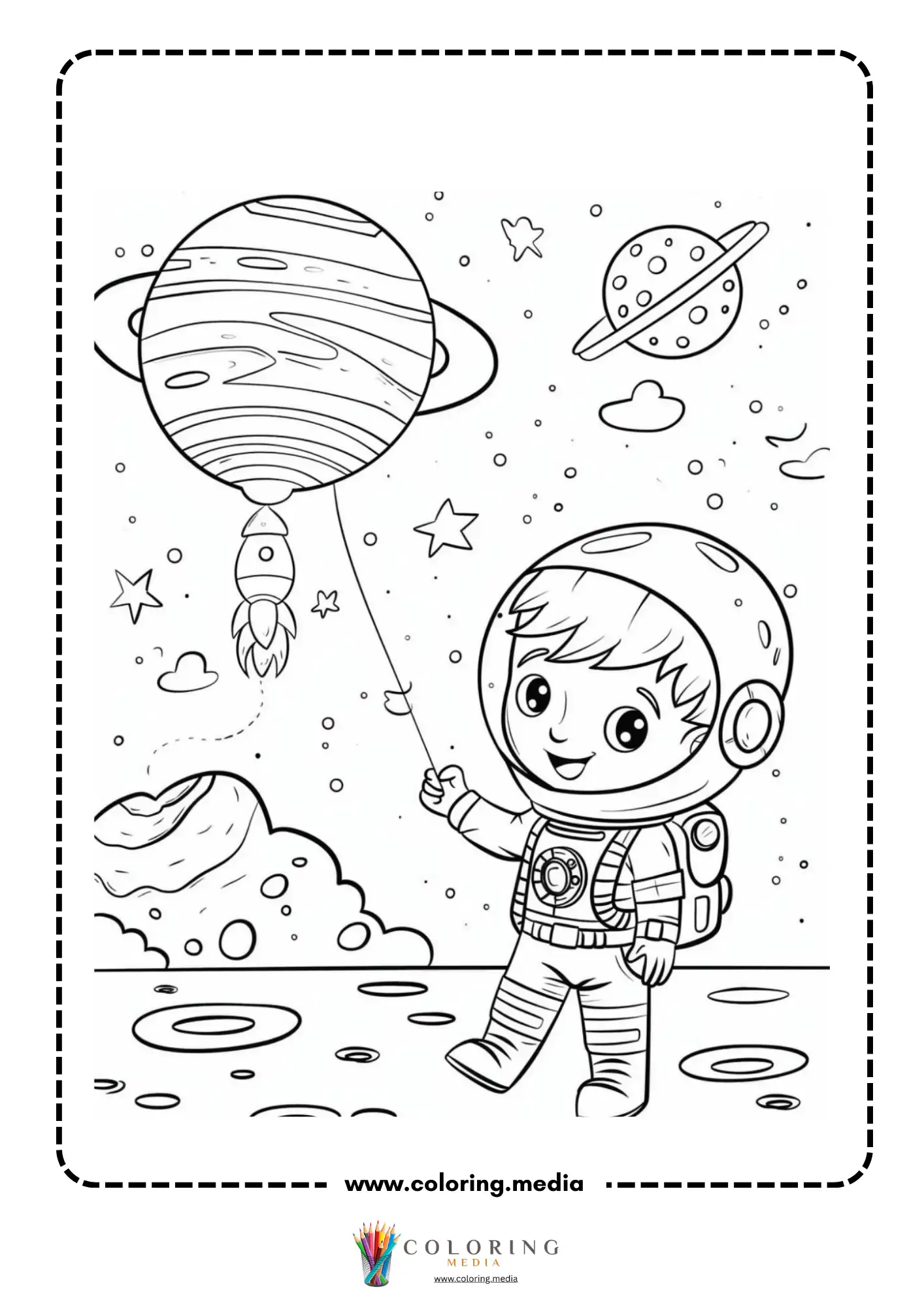 Space coloring page with child explorer in outer space