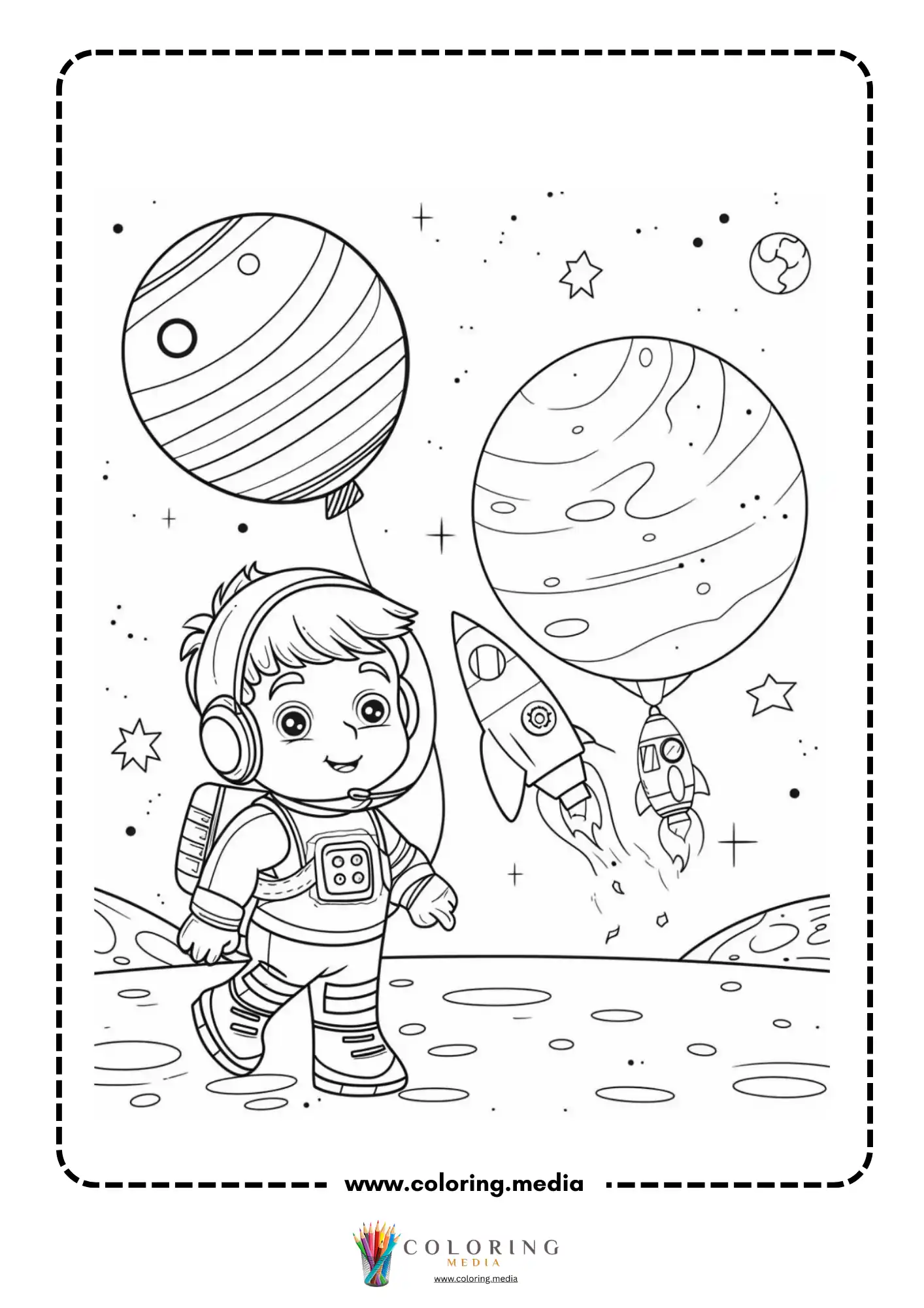 Space coloring page with spaceship flying past planets