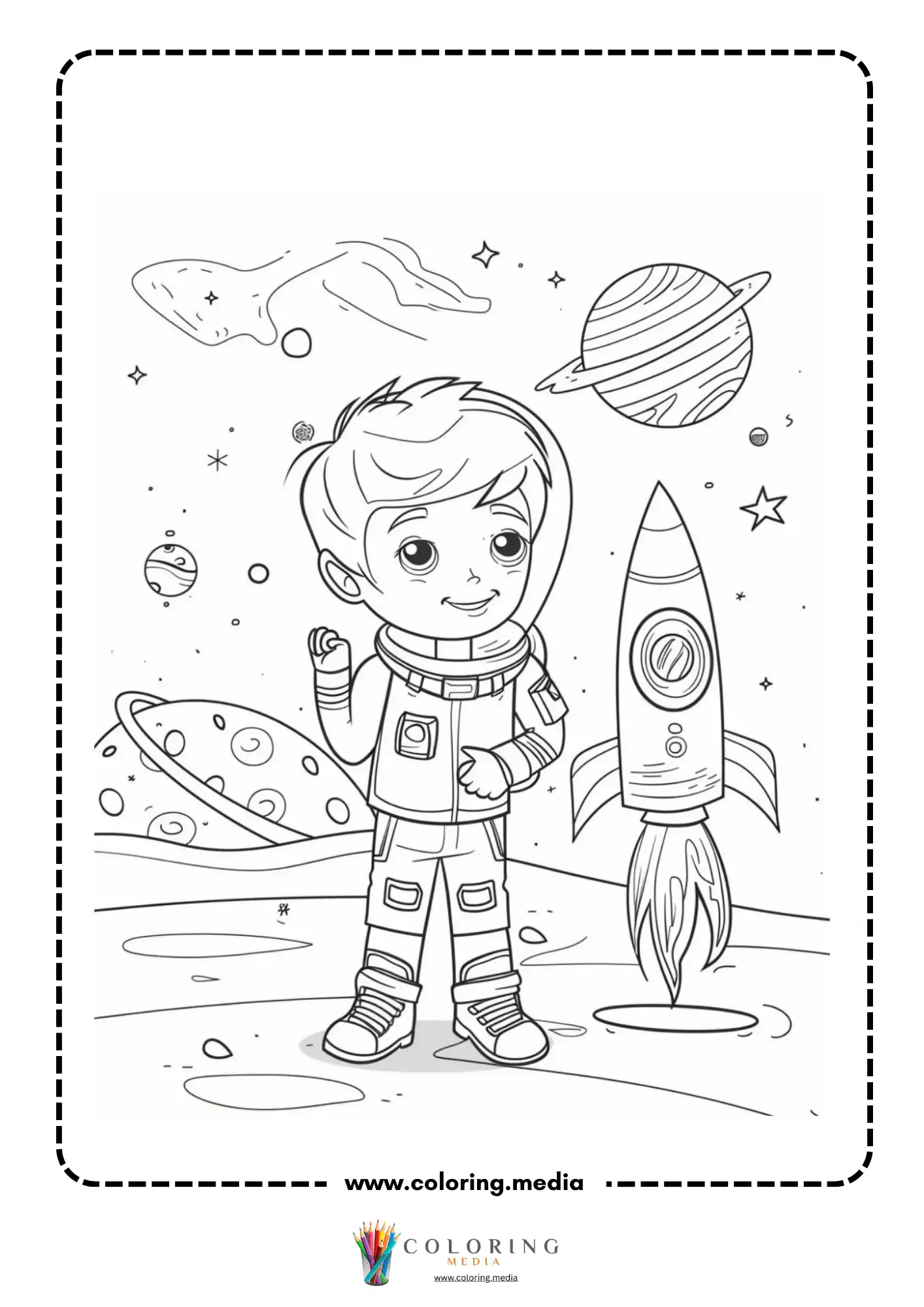 Space coloring page with moon surface and stars
