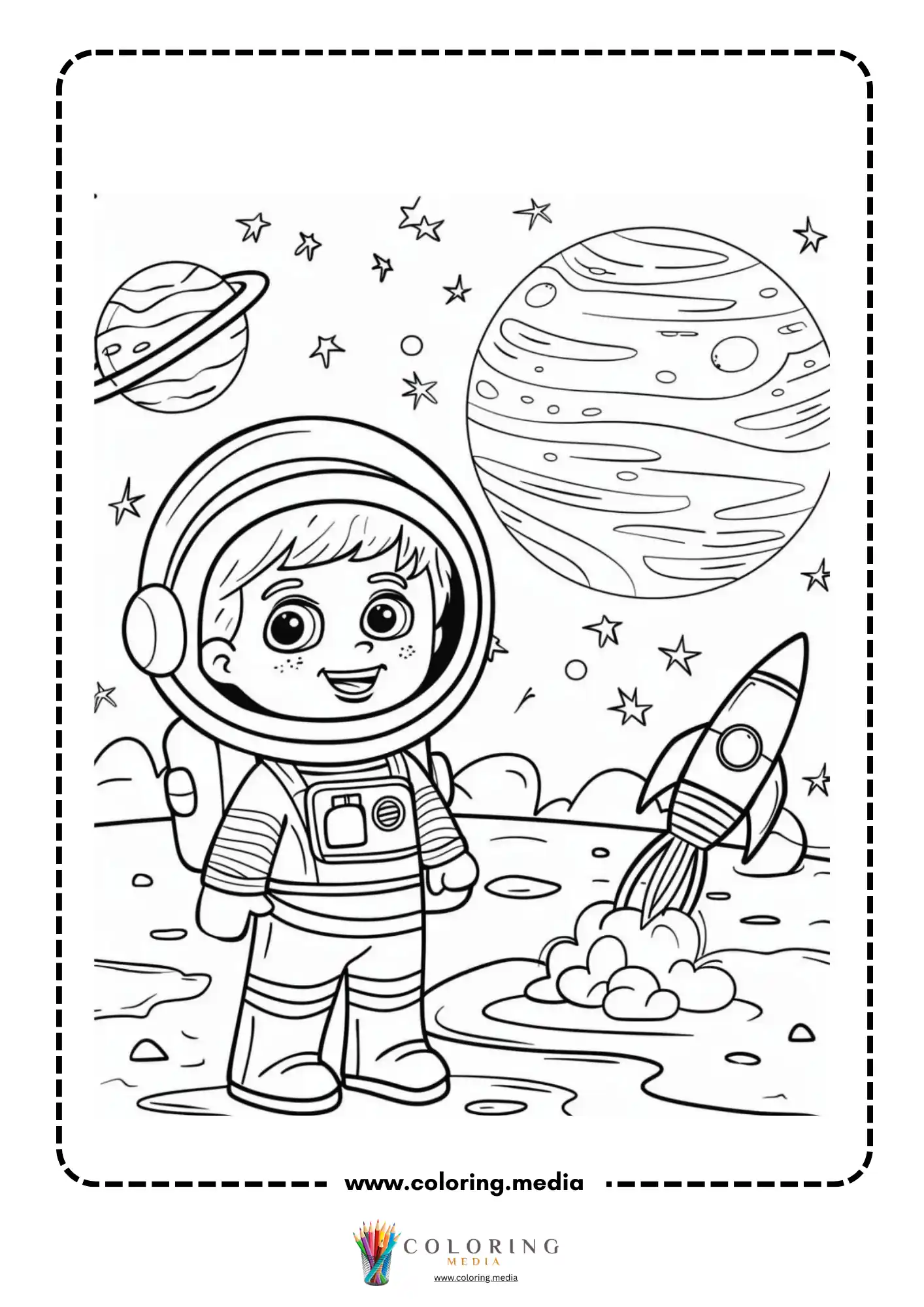 Space coloring page with rocket launch trail and planets