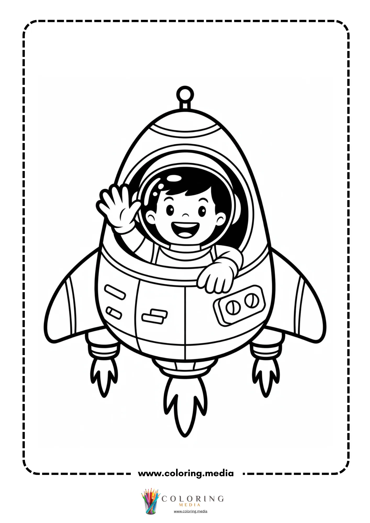 Spaceship coloring page with smiling child pilot waving from rocket