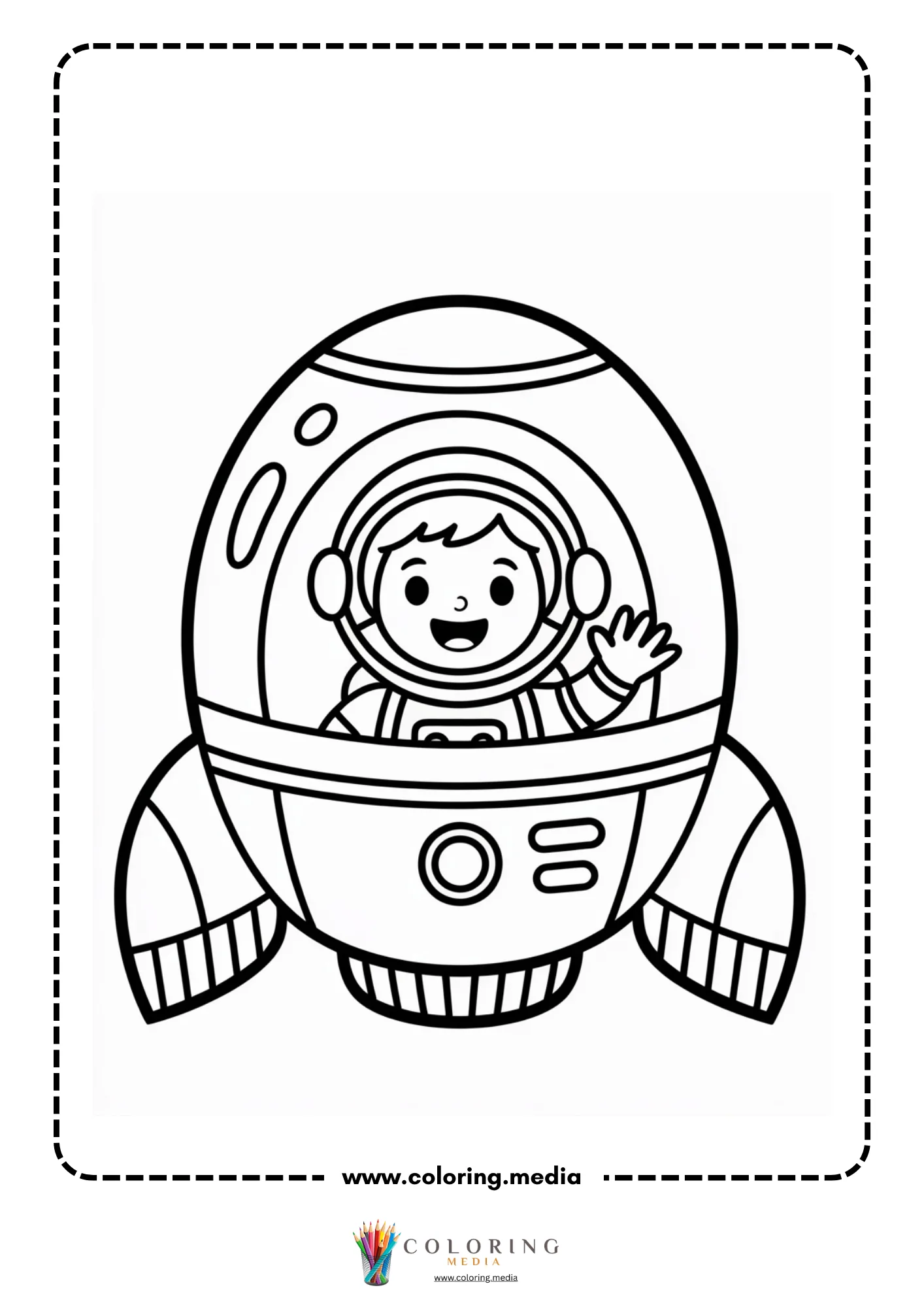 Spaceship coloring page with child waving from rounded rocket