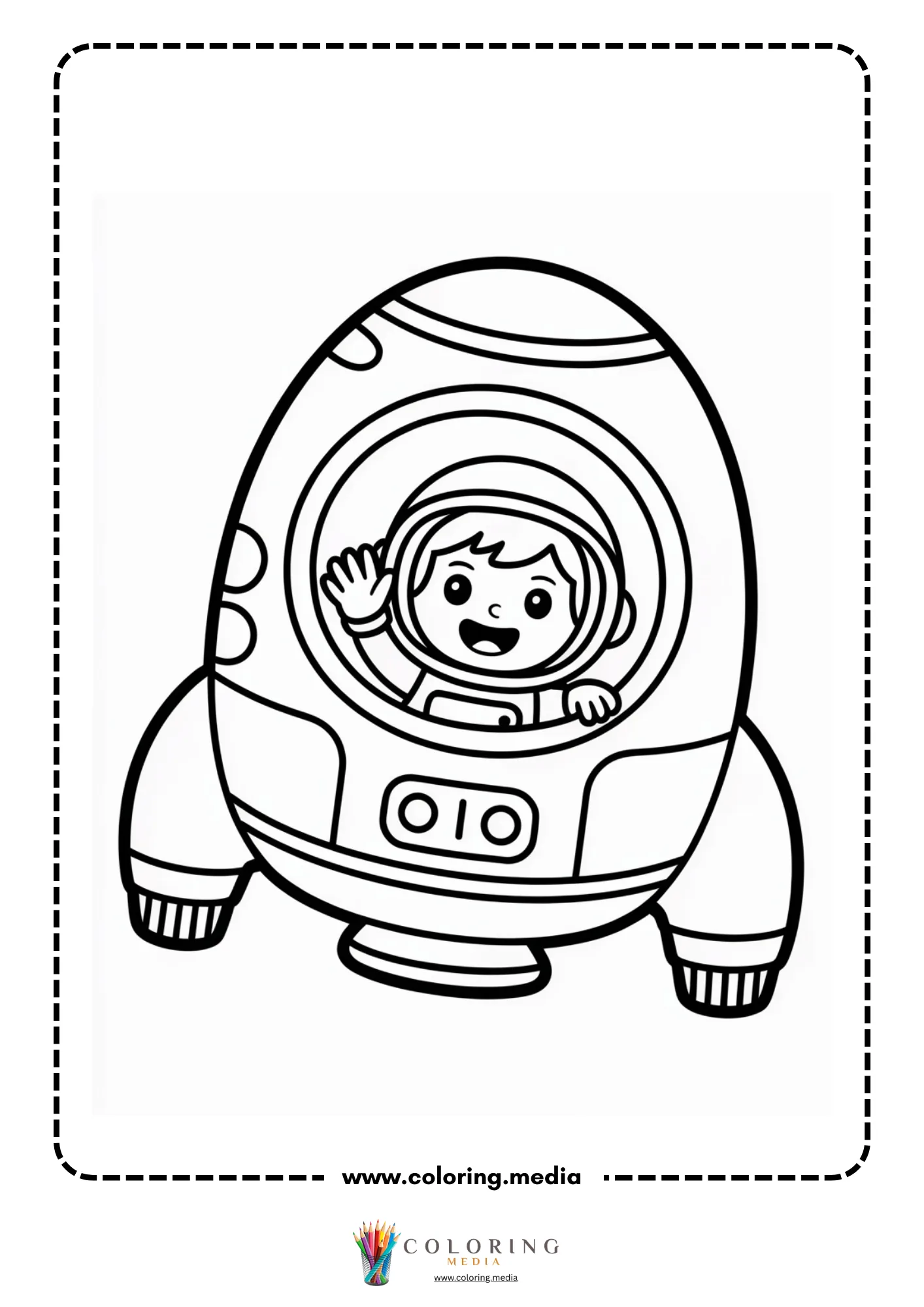 Spaceship coloring page with flying rocket and starry background