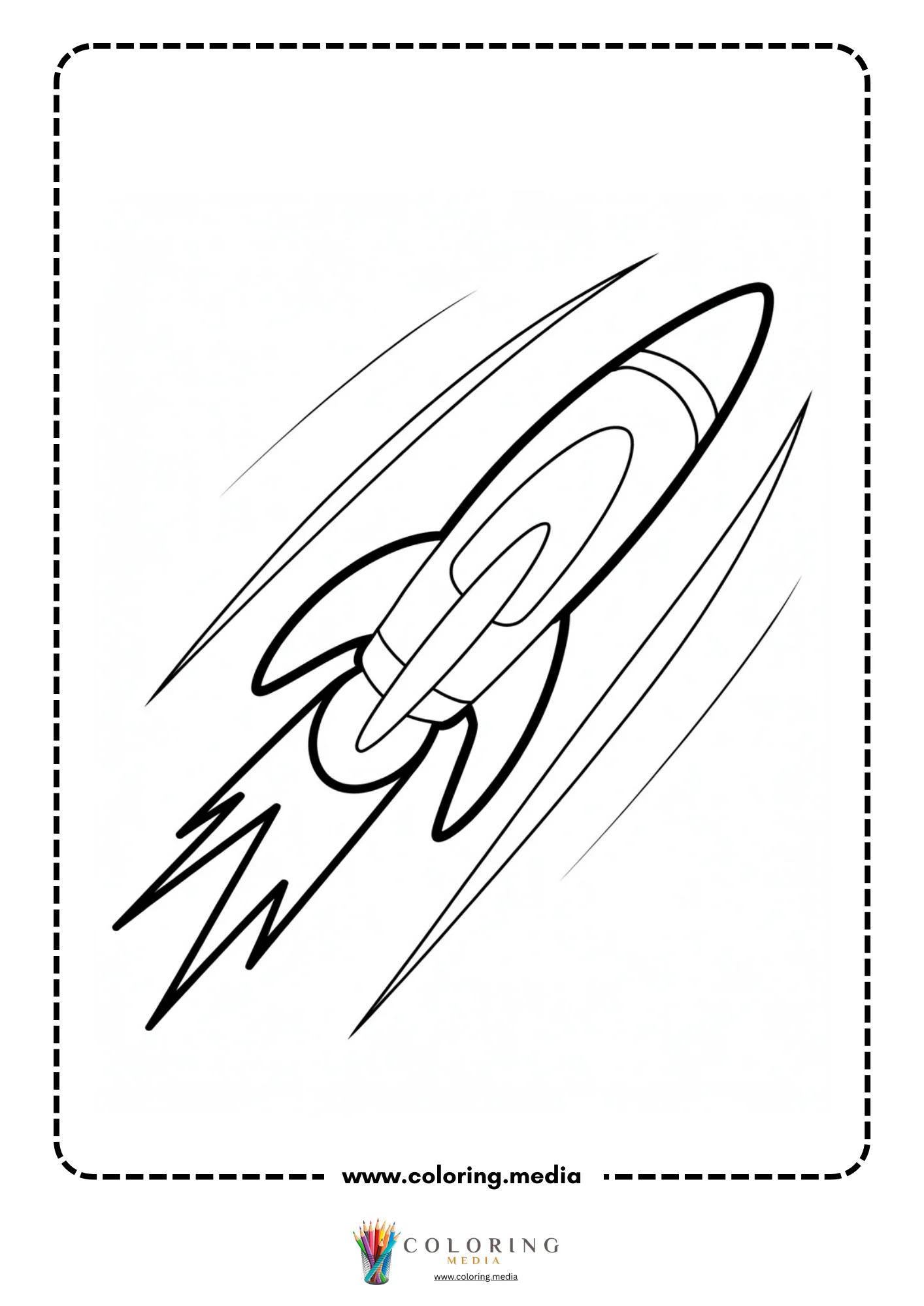 Spaceship coloring page with rocket nose cone and flames