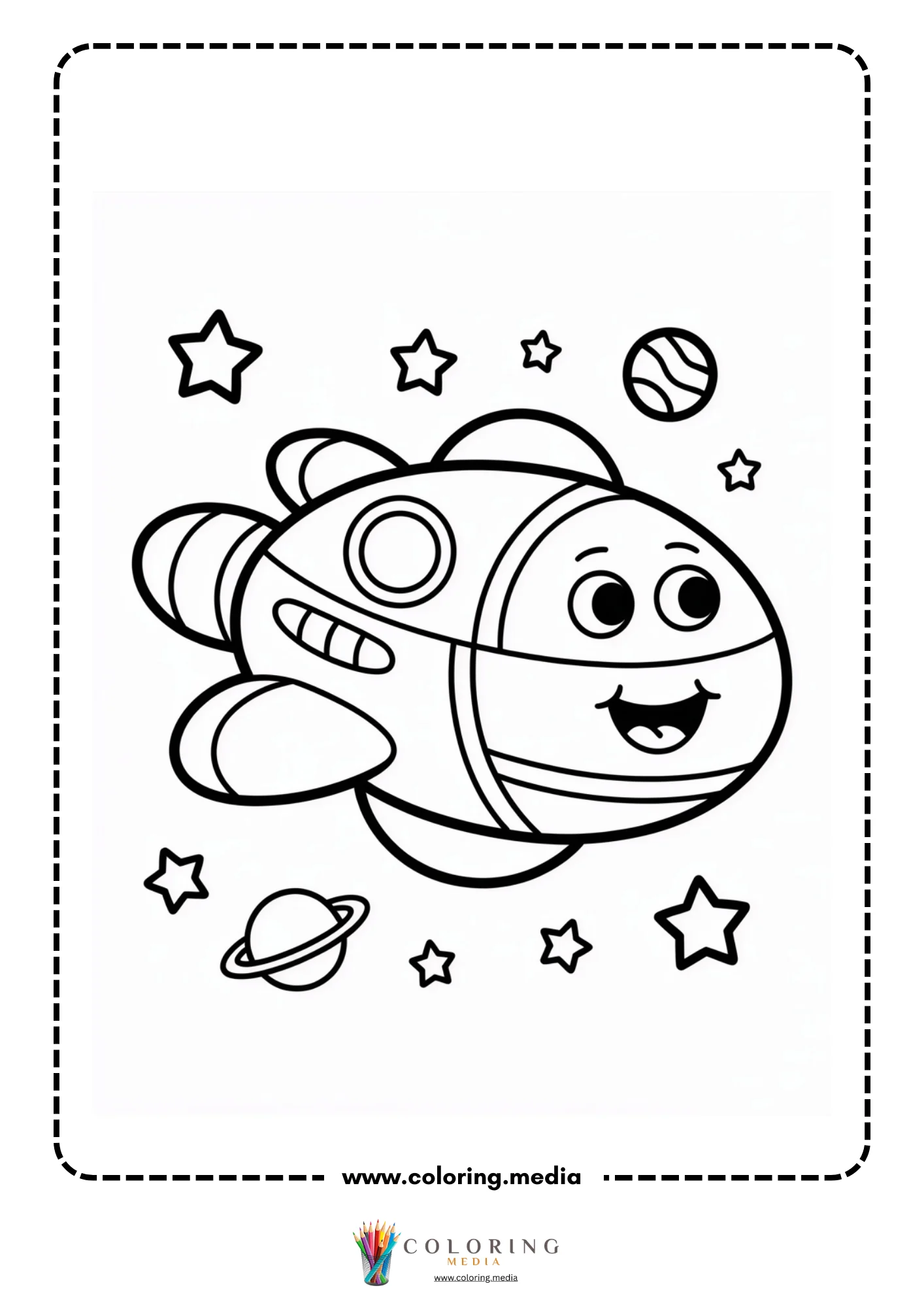 Spaceship coloring page with child astronaut in rocket window
