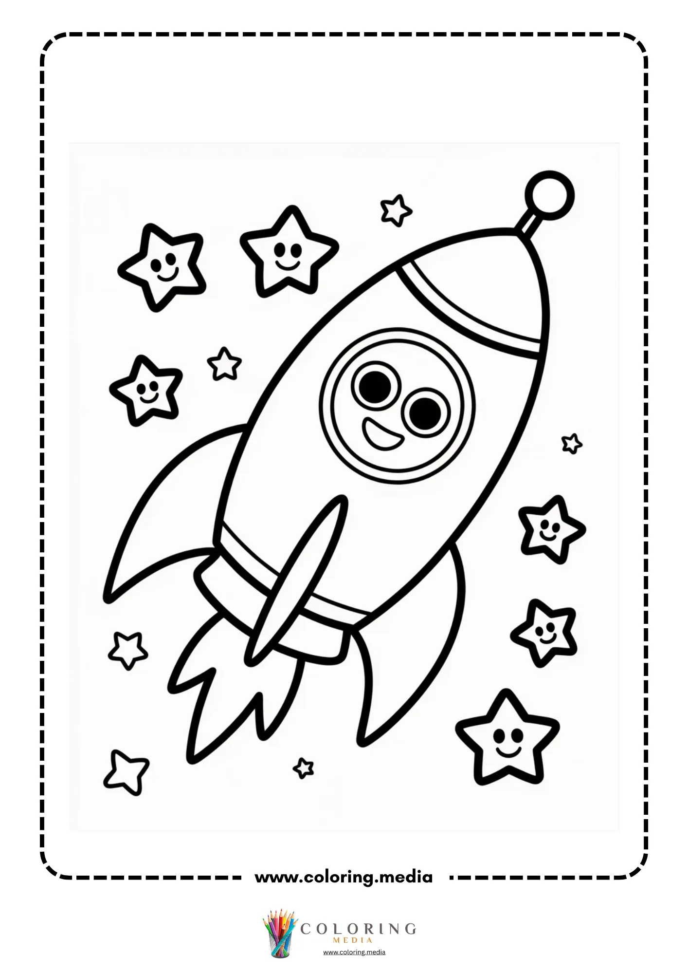 Spaceship coloring page with small rocket and cloud trail