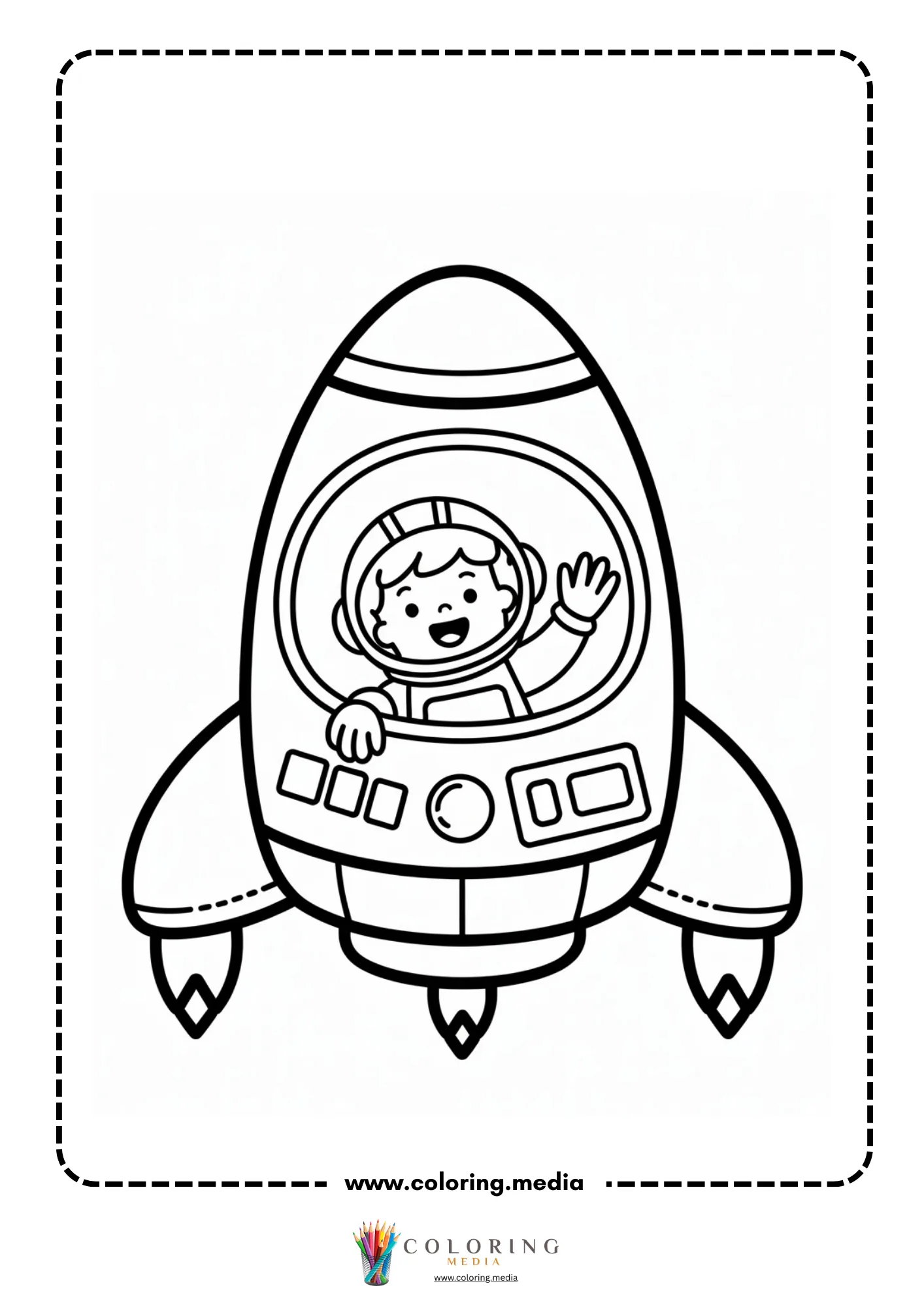 Spaceship coloring page with rocket flying through outer space