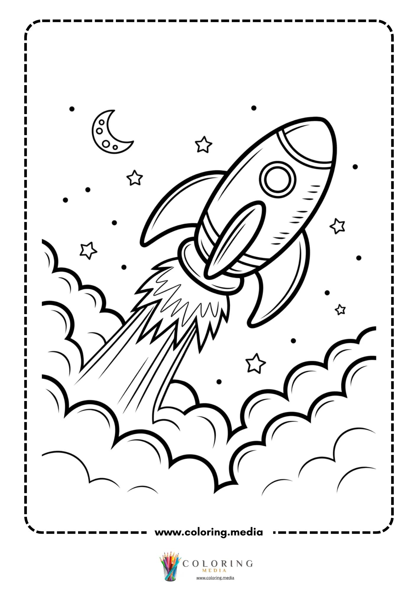 Spaceship coloring page with rocket boosters and round windows