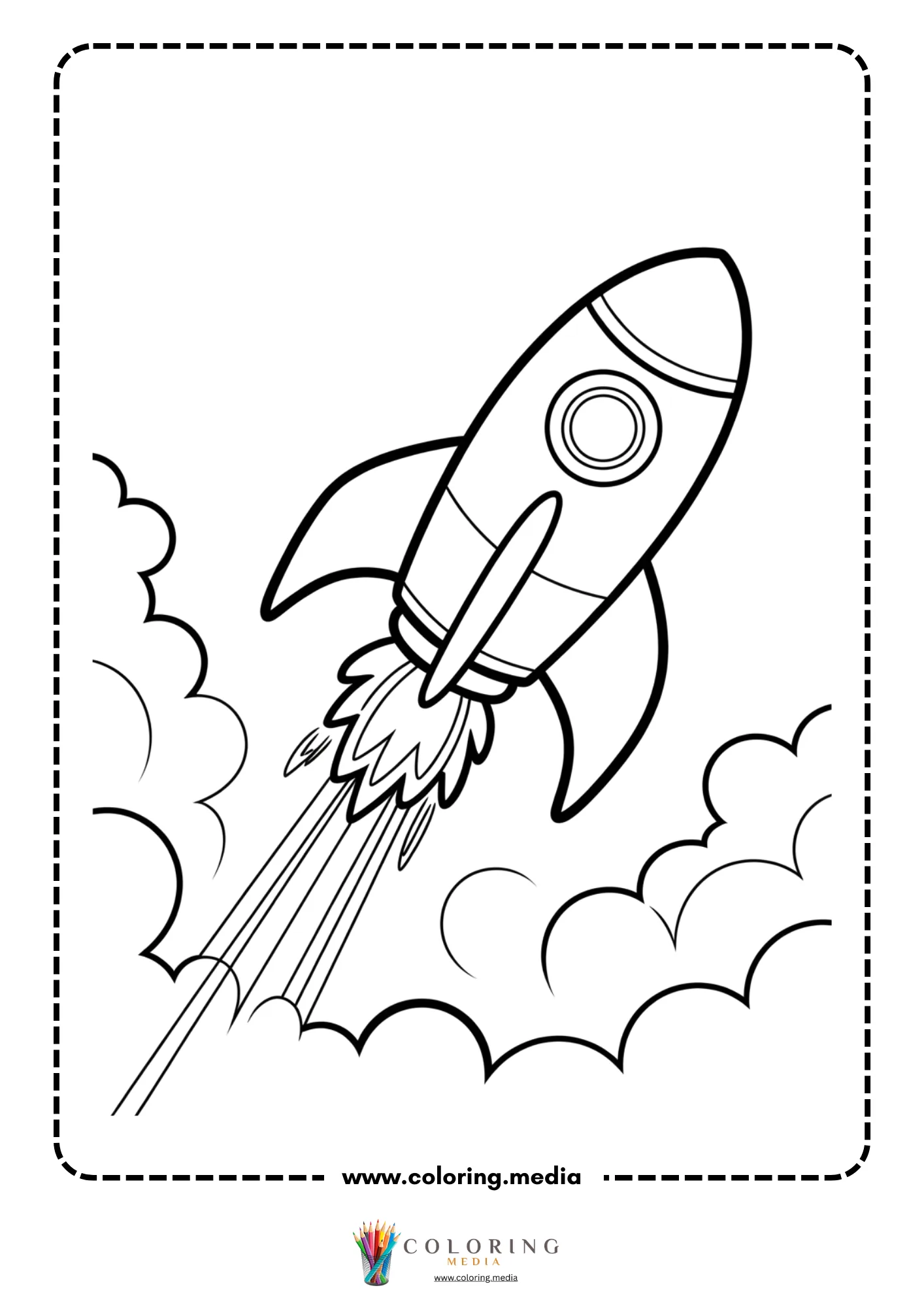 Spaceship coloring page with cartoon space vehicle launch