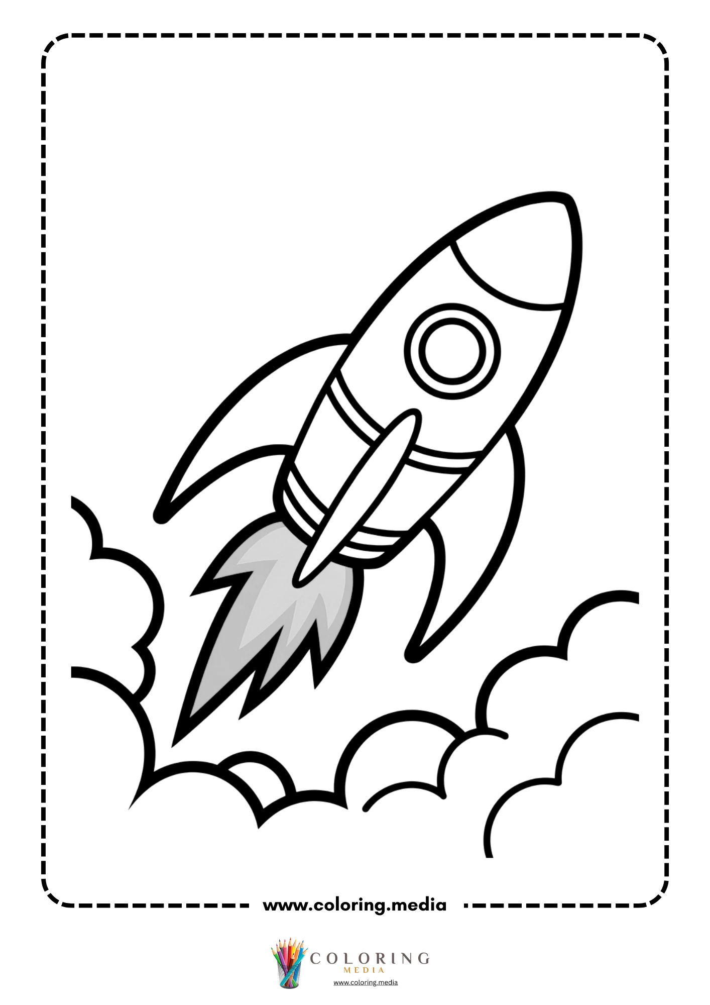 Spaceship coloring page with rocket taking off through clouds