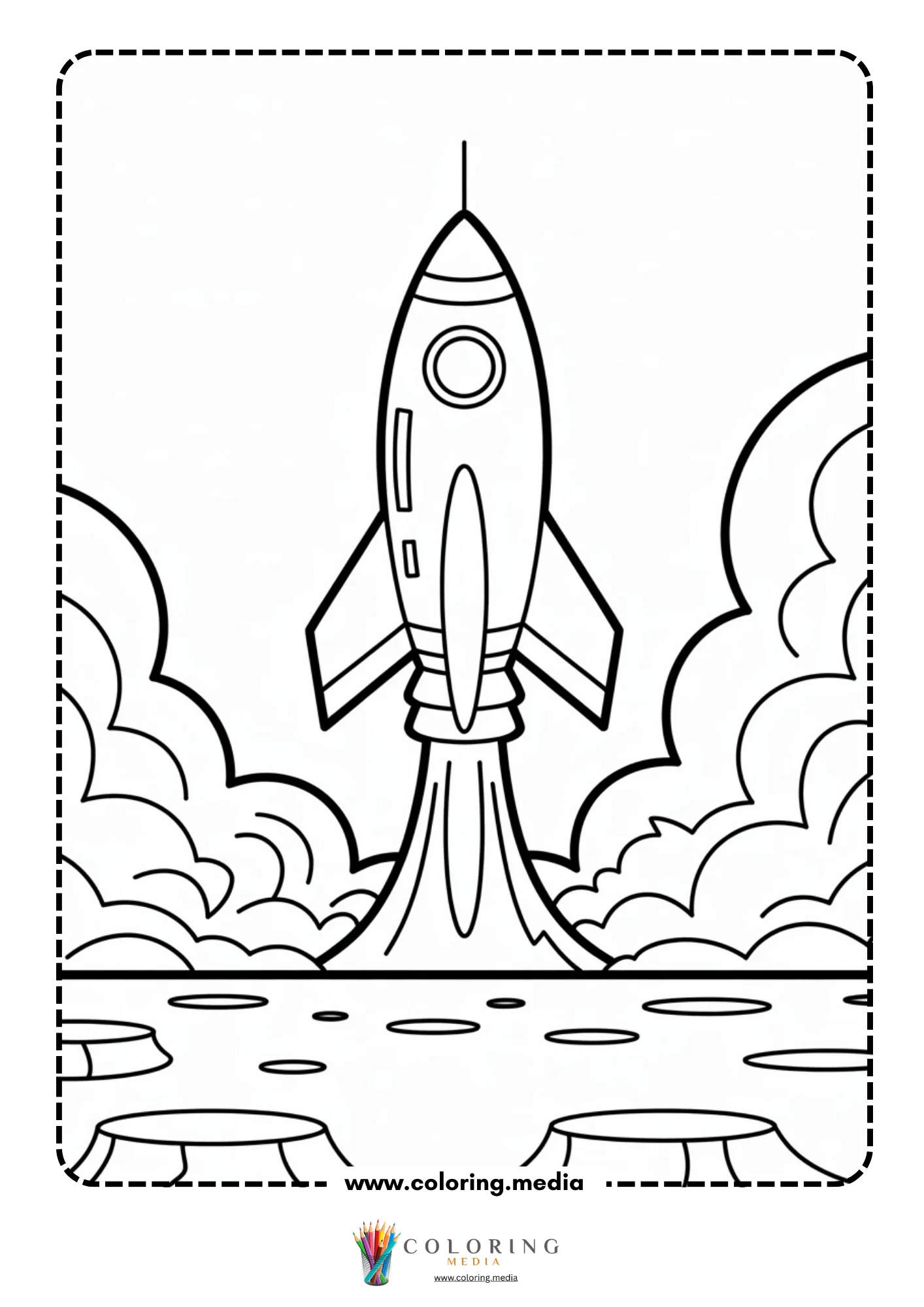 Spaceship coloring page with rocket launch and smoke clouds