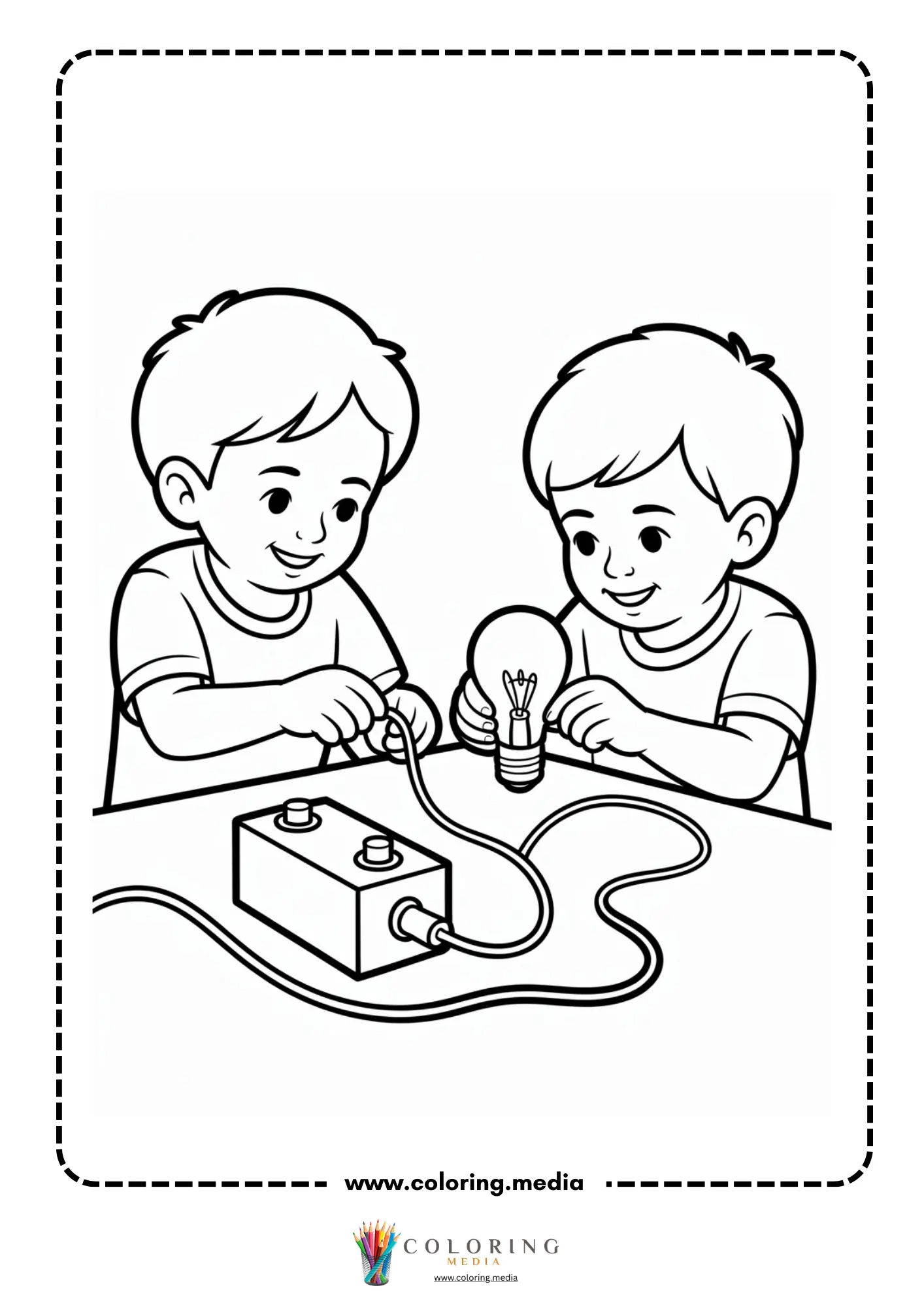 Circuit coloring page with two children connecting wires to a light bulb