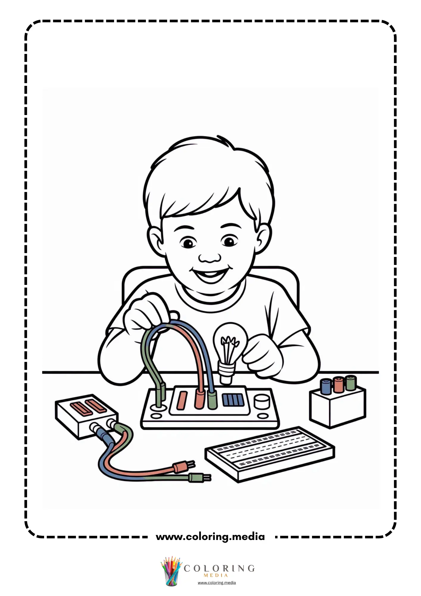 Circuit coloring page with science table and electrical parts