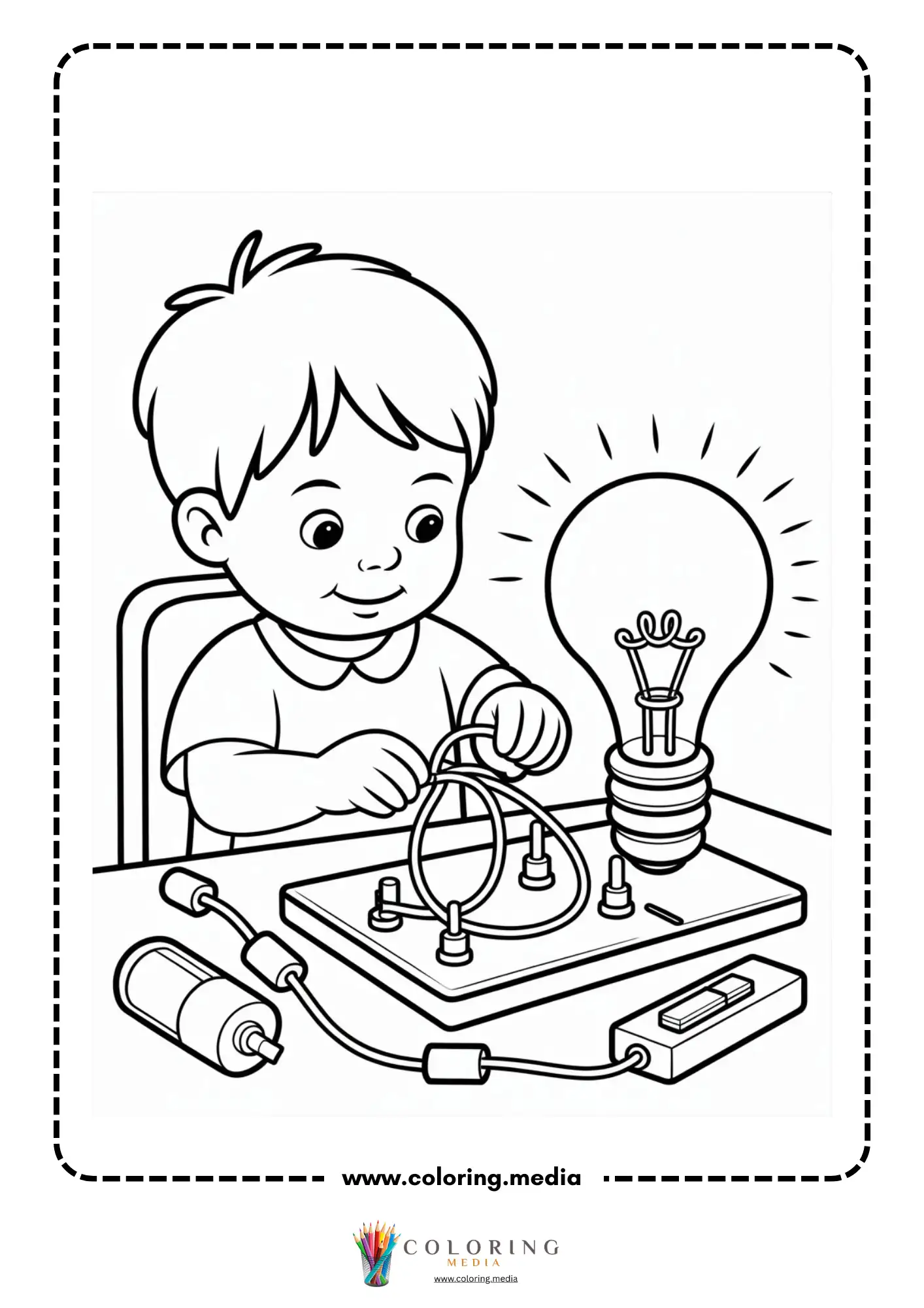 Circuit coloring page with boy connecting wires to a glowing bulb
