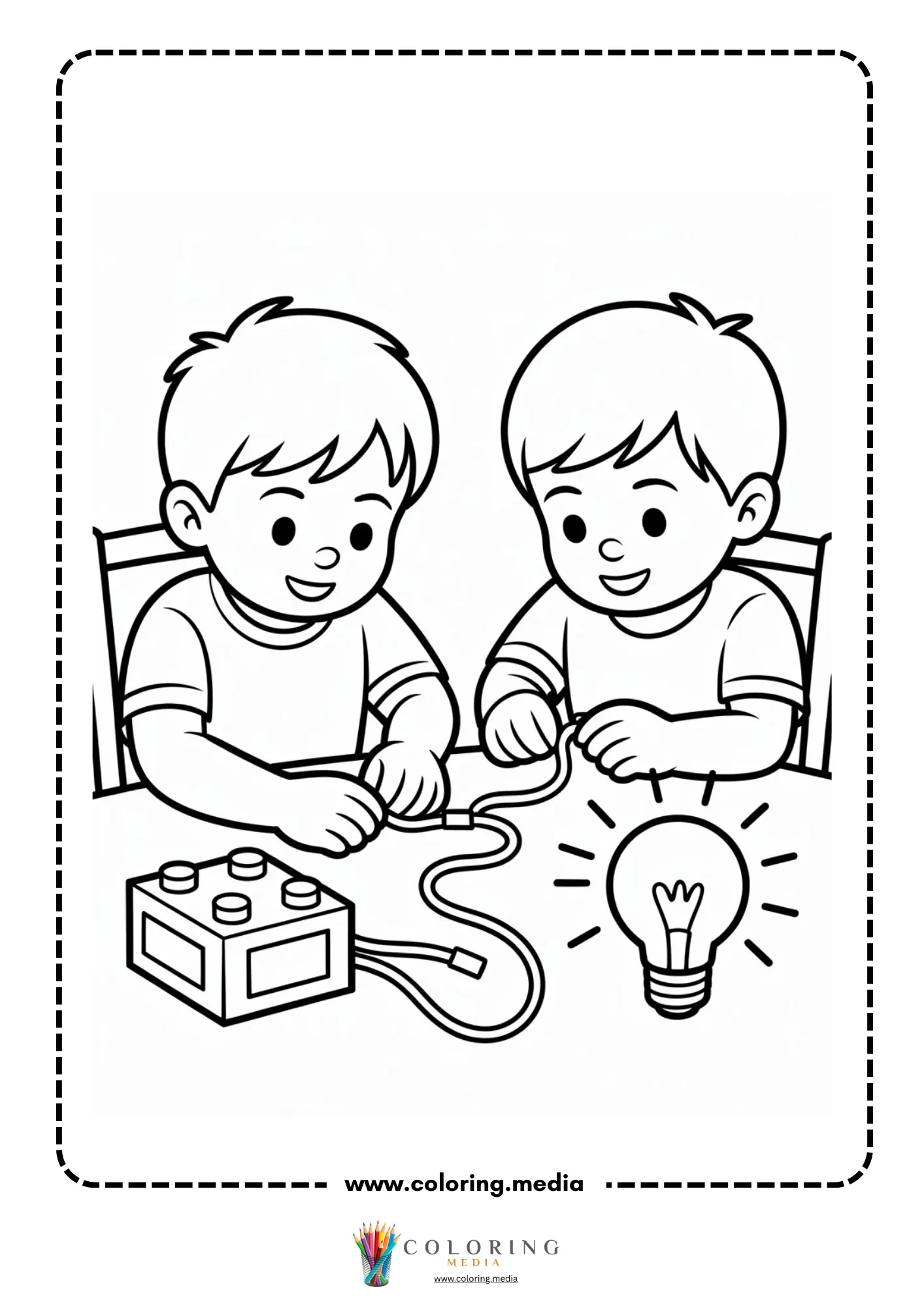 Circuit coloring page with battery wires and glowing bulb