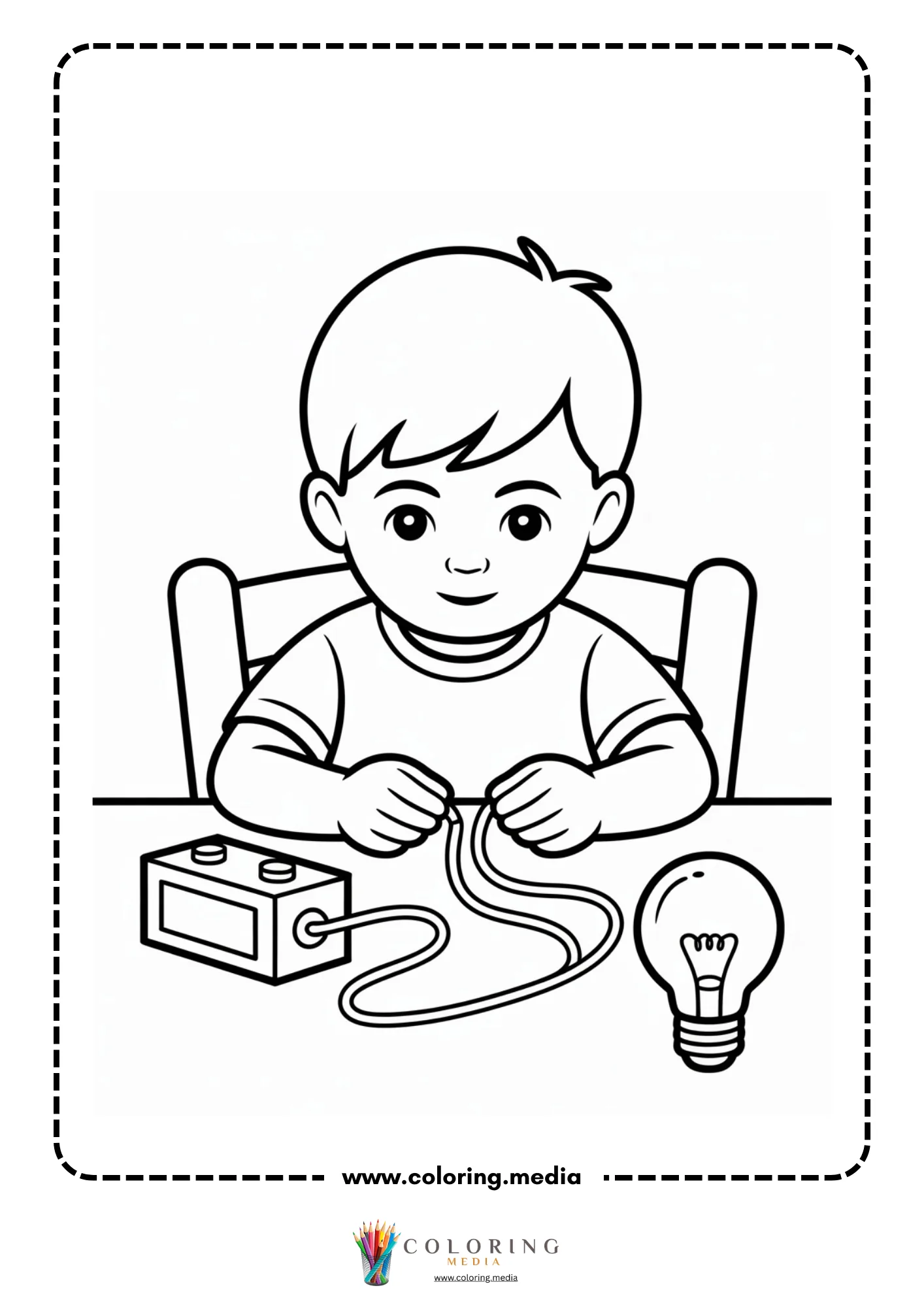 Circuit coloring page with child testing a light circuit