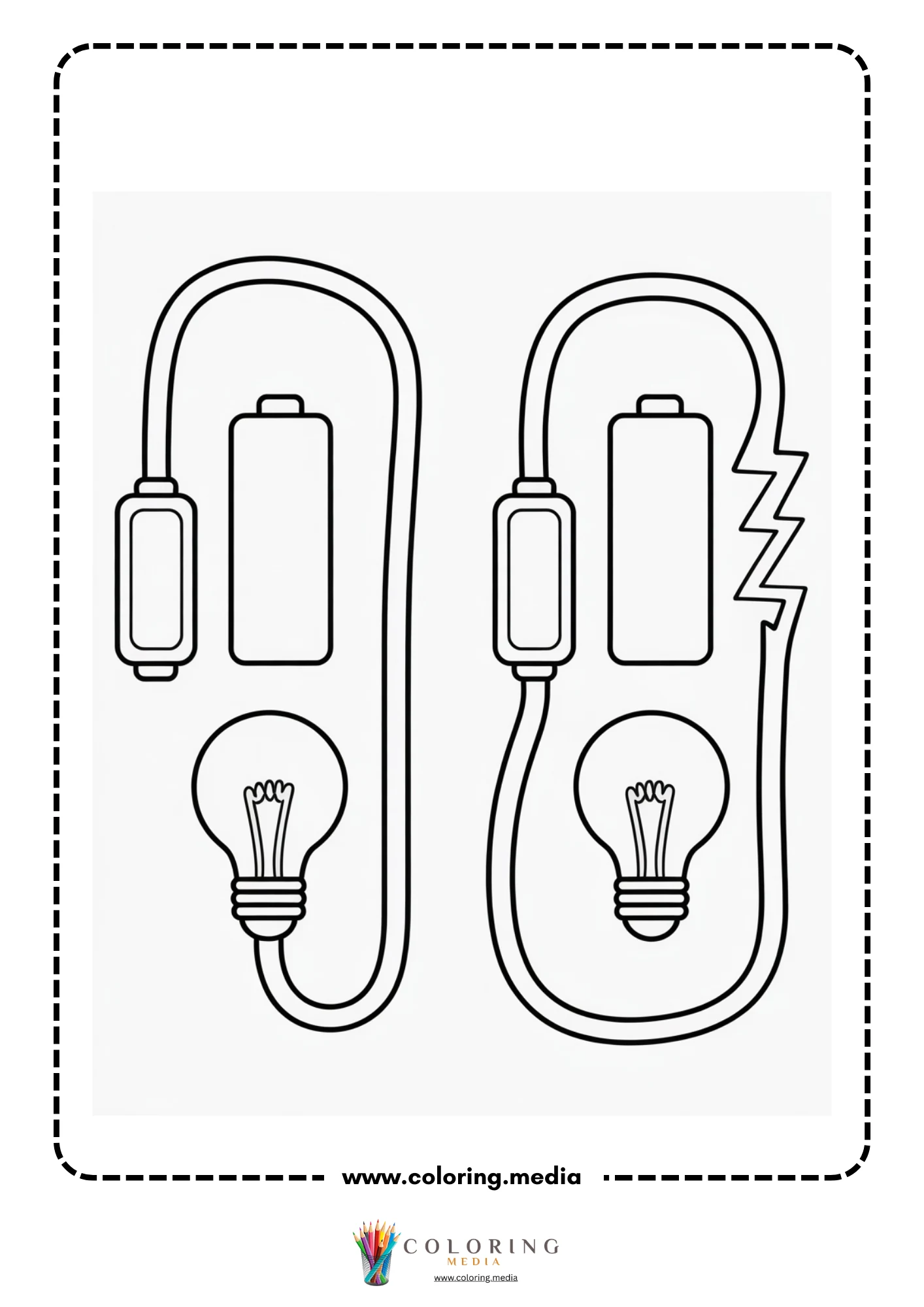 Circuit coloring page with complete circuit and switch box