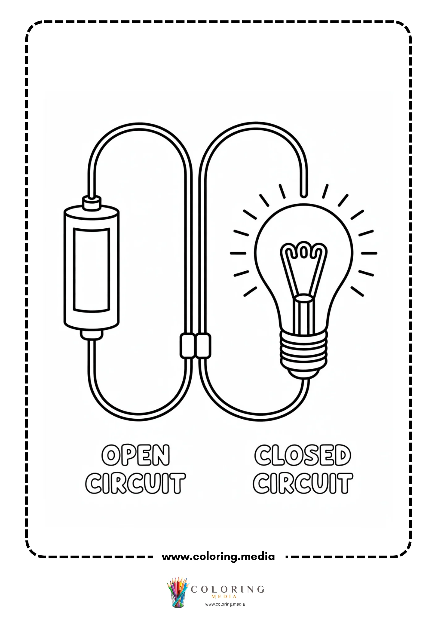 Circuit coloring page with kids assembling a bulb circuit