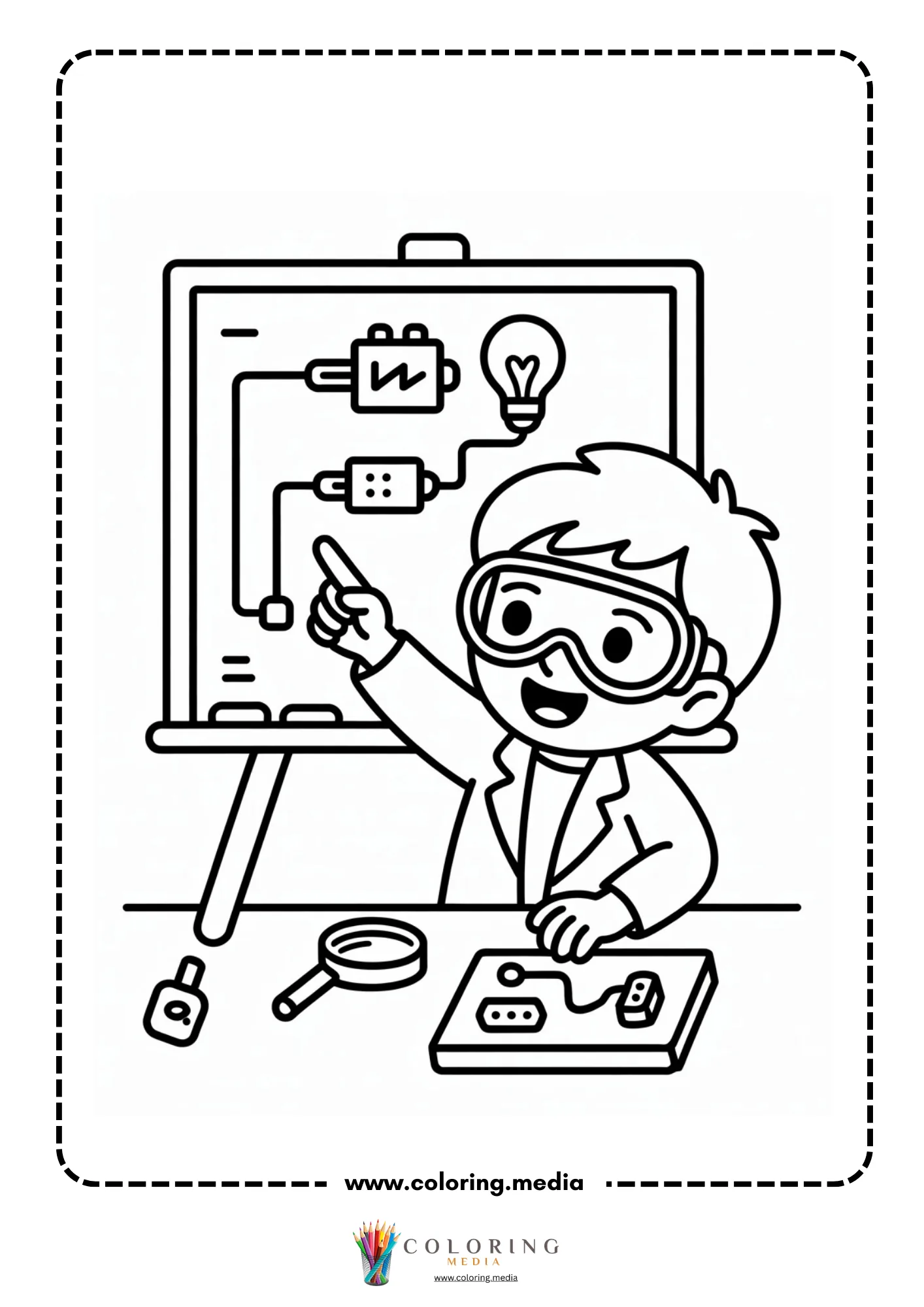Circuit coloring page with child building an electricity project