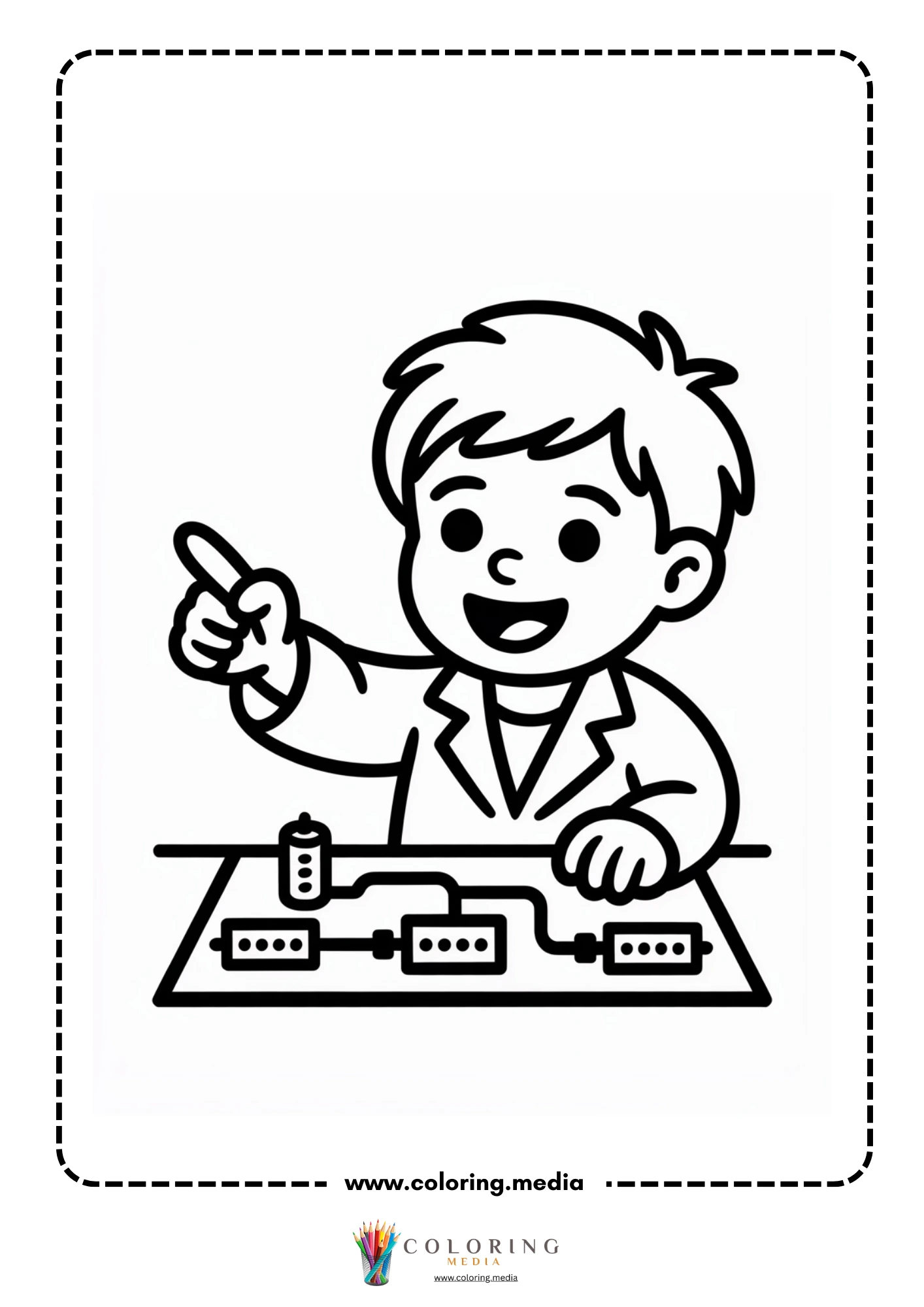 Circuit coloring page with wires connected to a battery pack