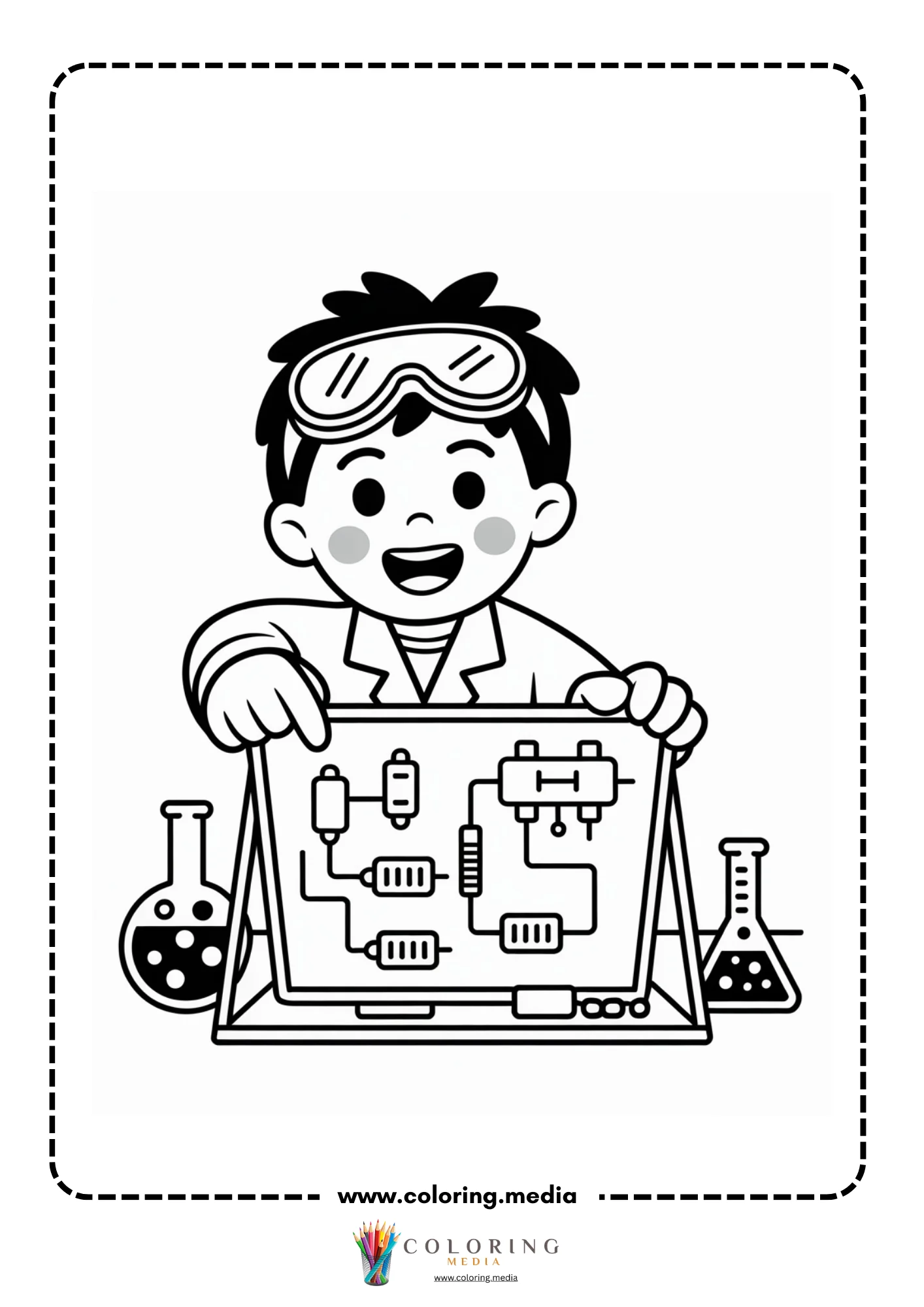Circuit coloring page with light bulb and circuit board parts