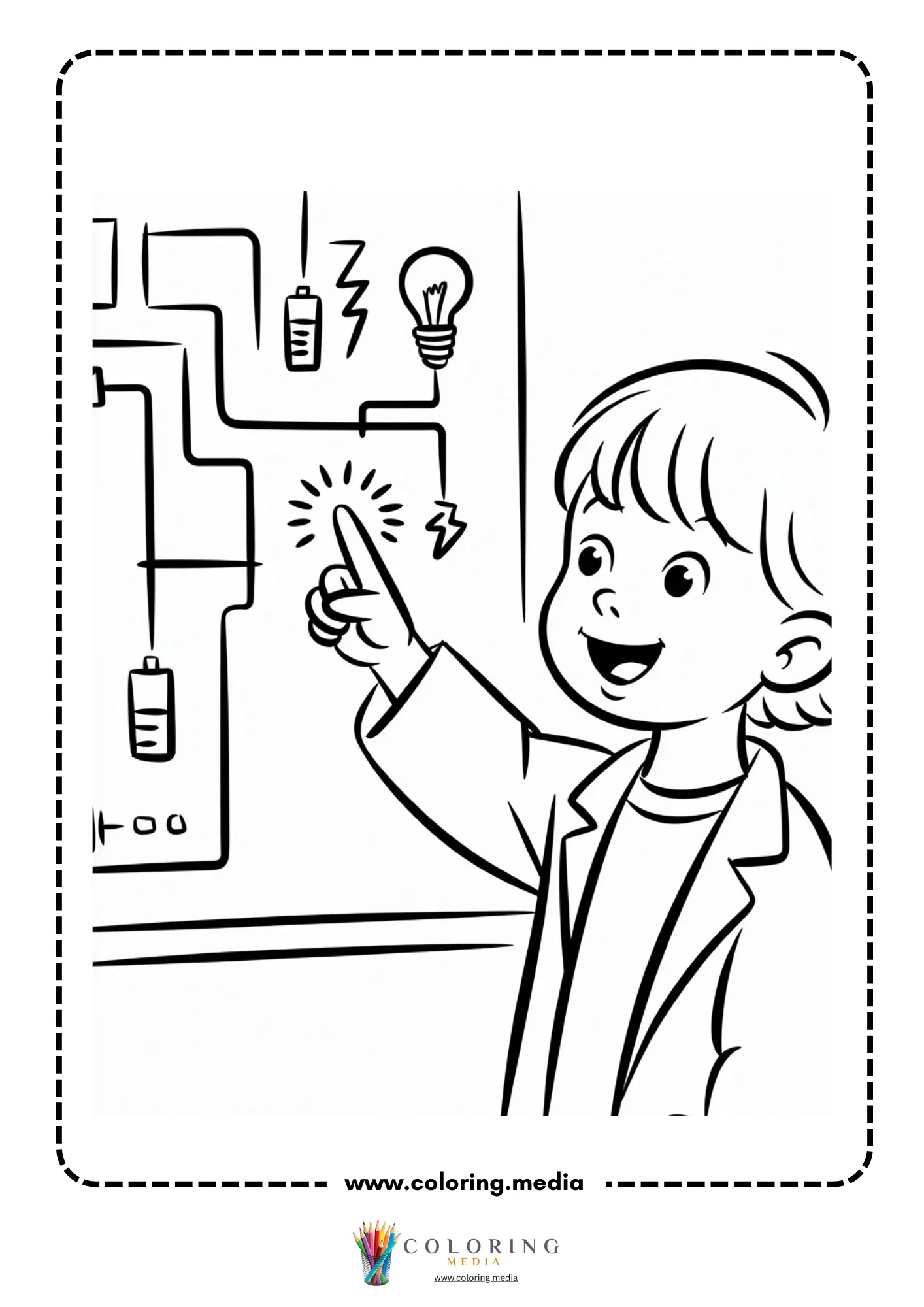 Circuit coloring page with kids learning about electricity