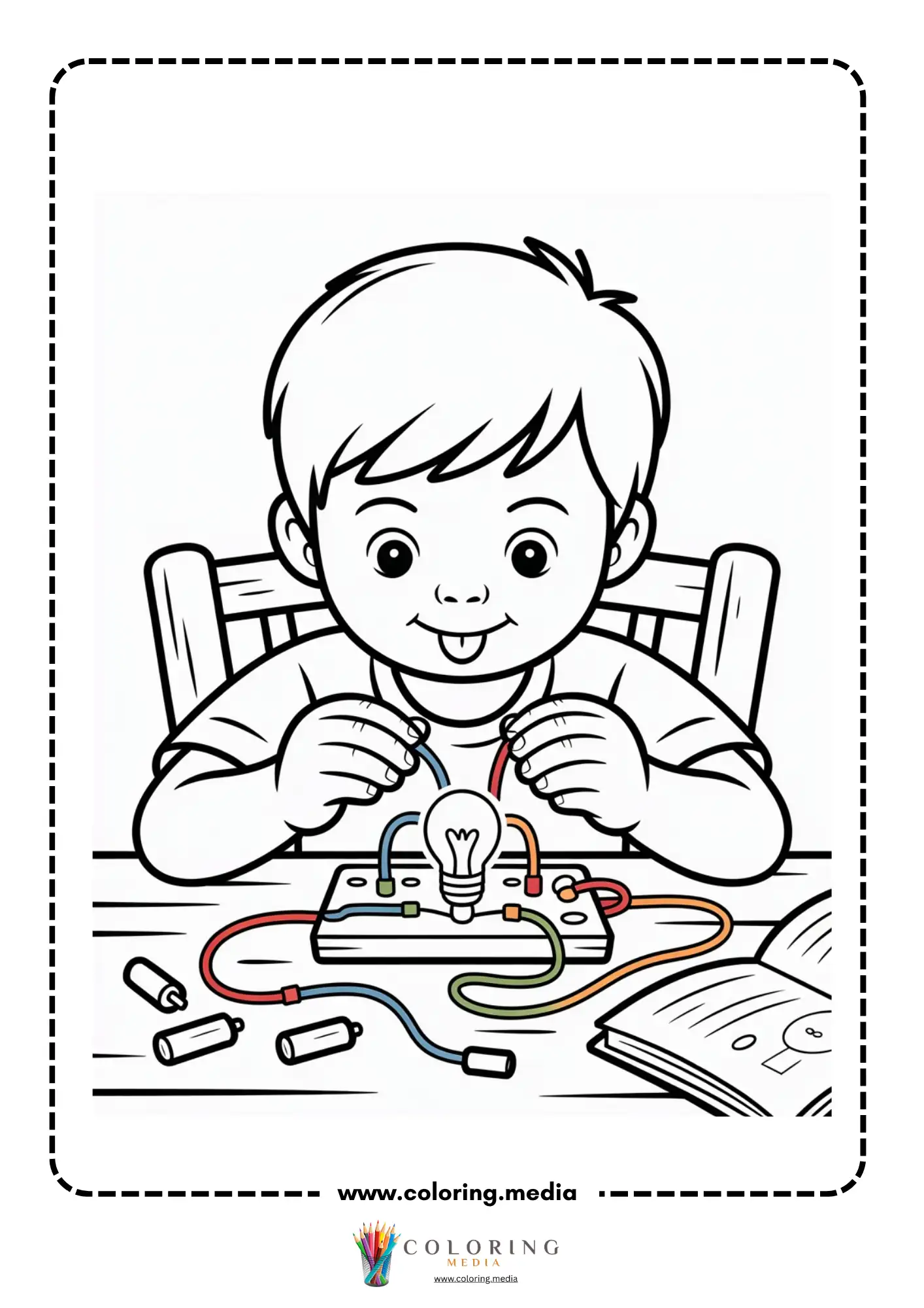 Circuit coloring page with open switch and wire path