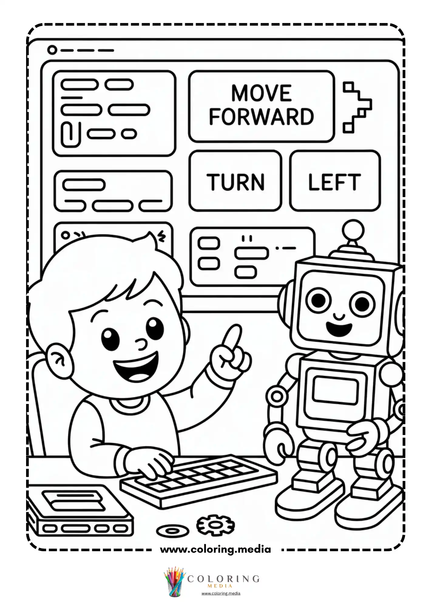 Coding coloring page with child and robot beside move forward commands