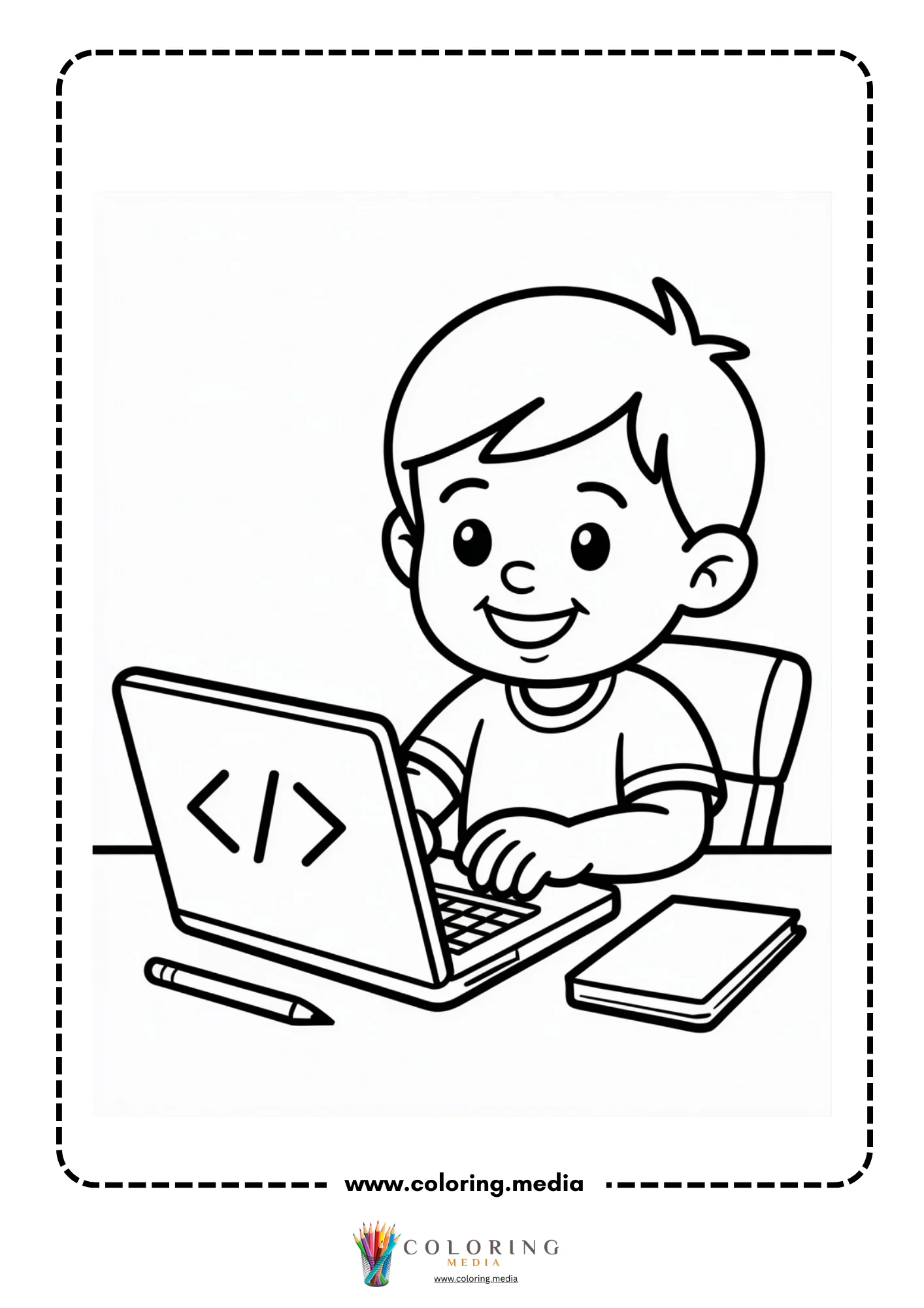 Coding coloring page with laptop and block based commands