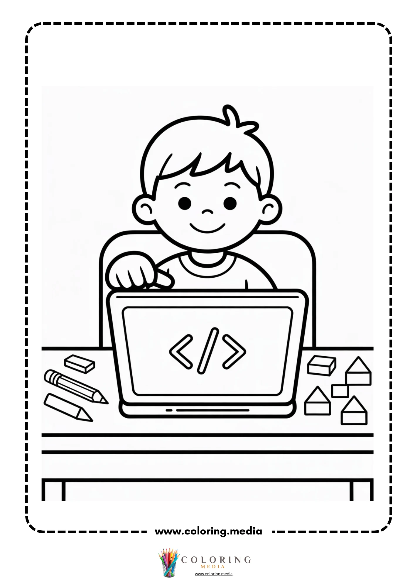 Coding coloring page with programming lesson on a monitor