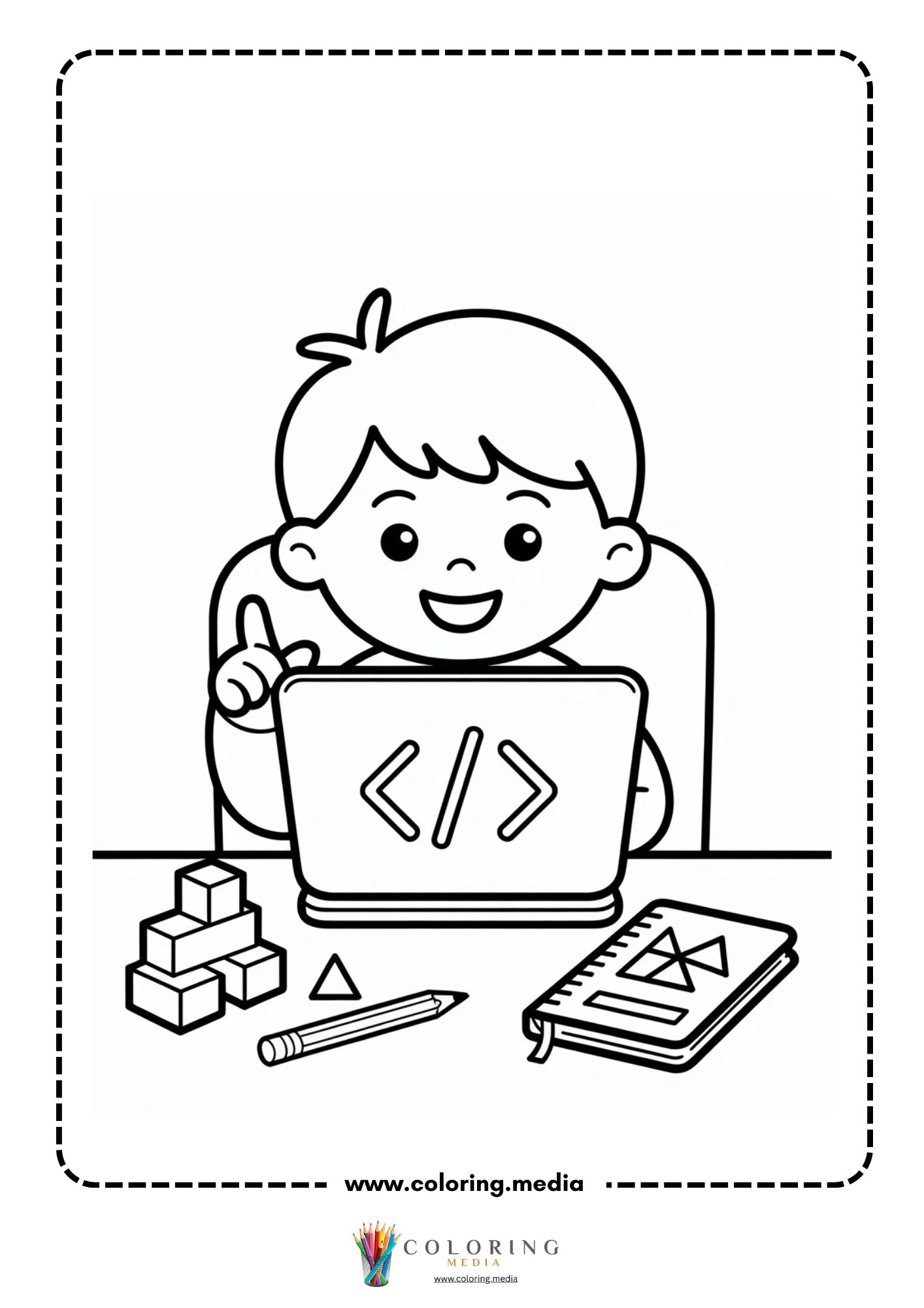 Coding coloring page with kids using computers together