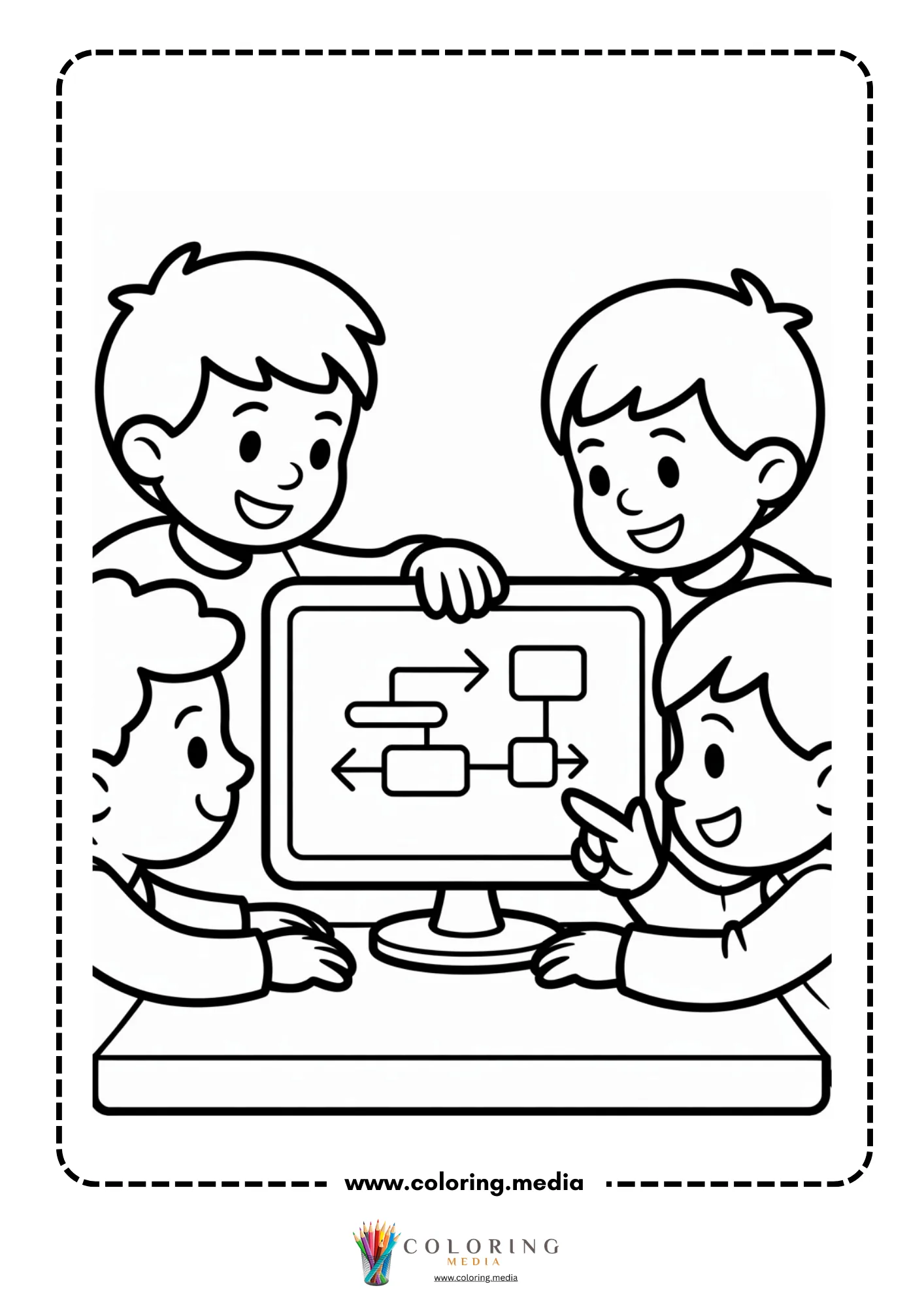 Coding coloring page with code brackets and robot icon